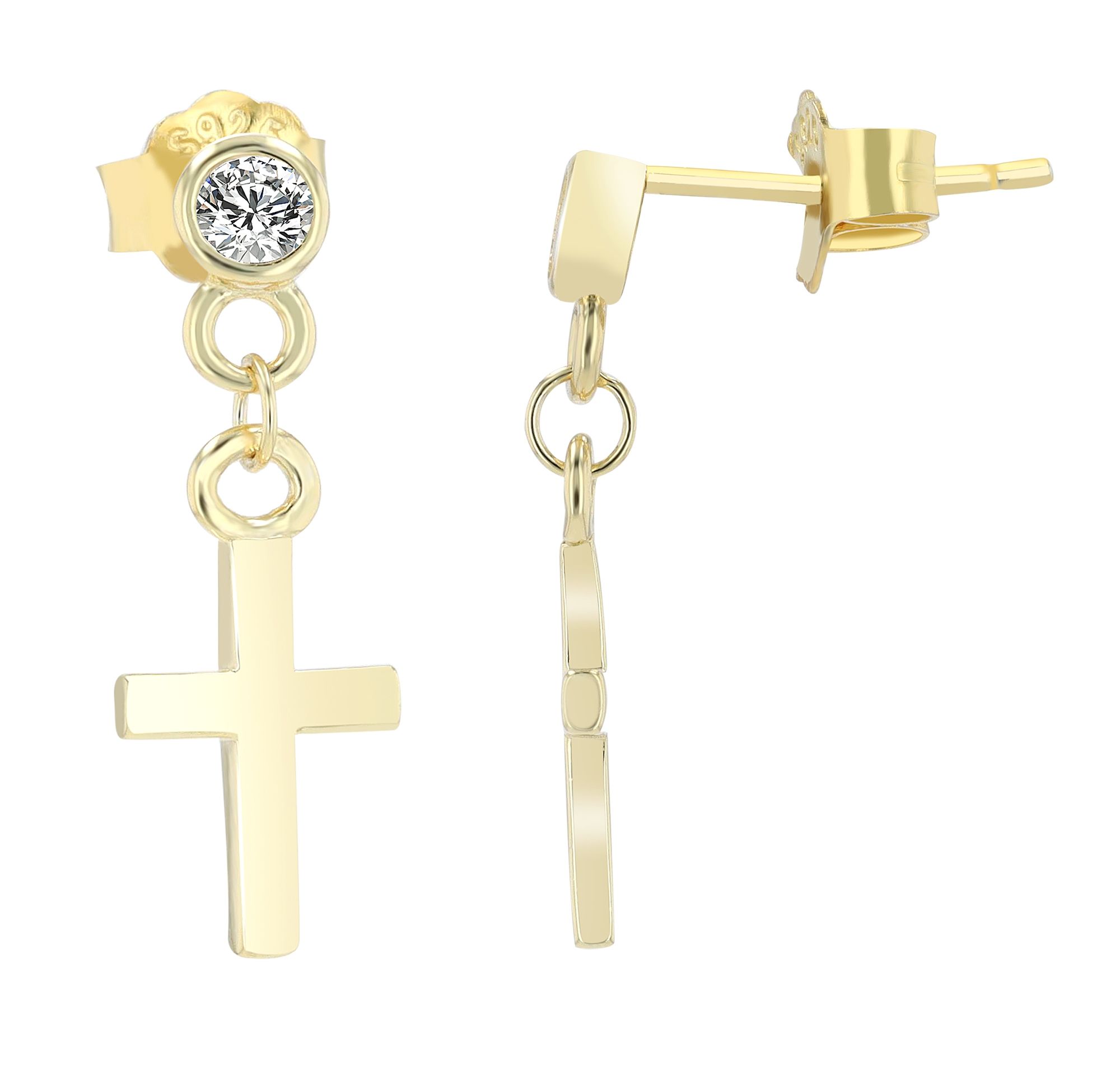"Christmar", 925/- Echt Silber Ohrstecker mit Kreuz Anhänger, Zirkoniabesatz, vergoldet