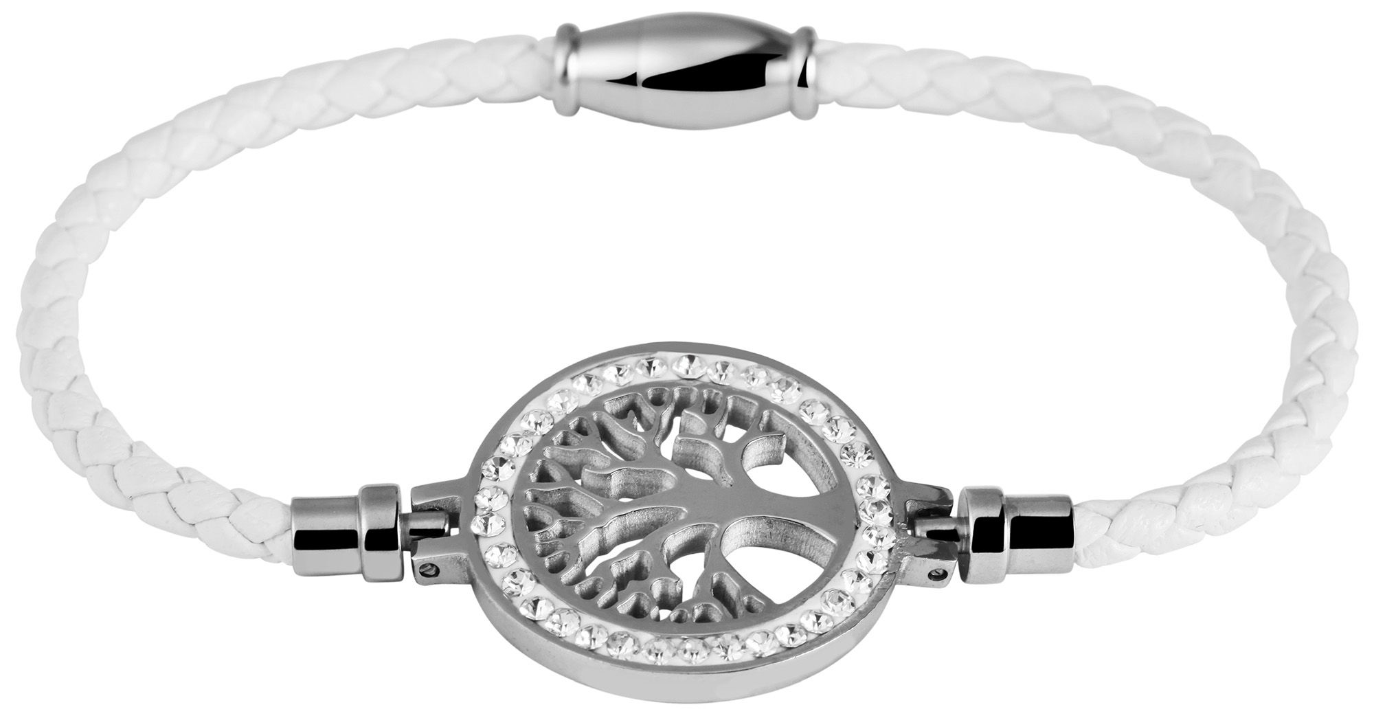 Akzent Armband aus Lederimitat, geflochten mit Edelstahlelement Lebensbaum, weiß/silberfarben