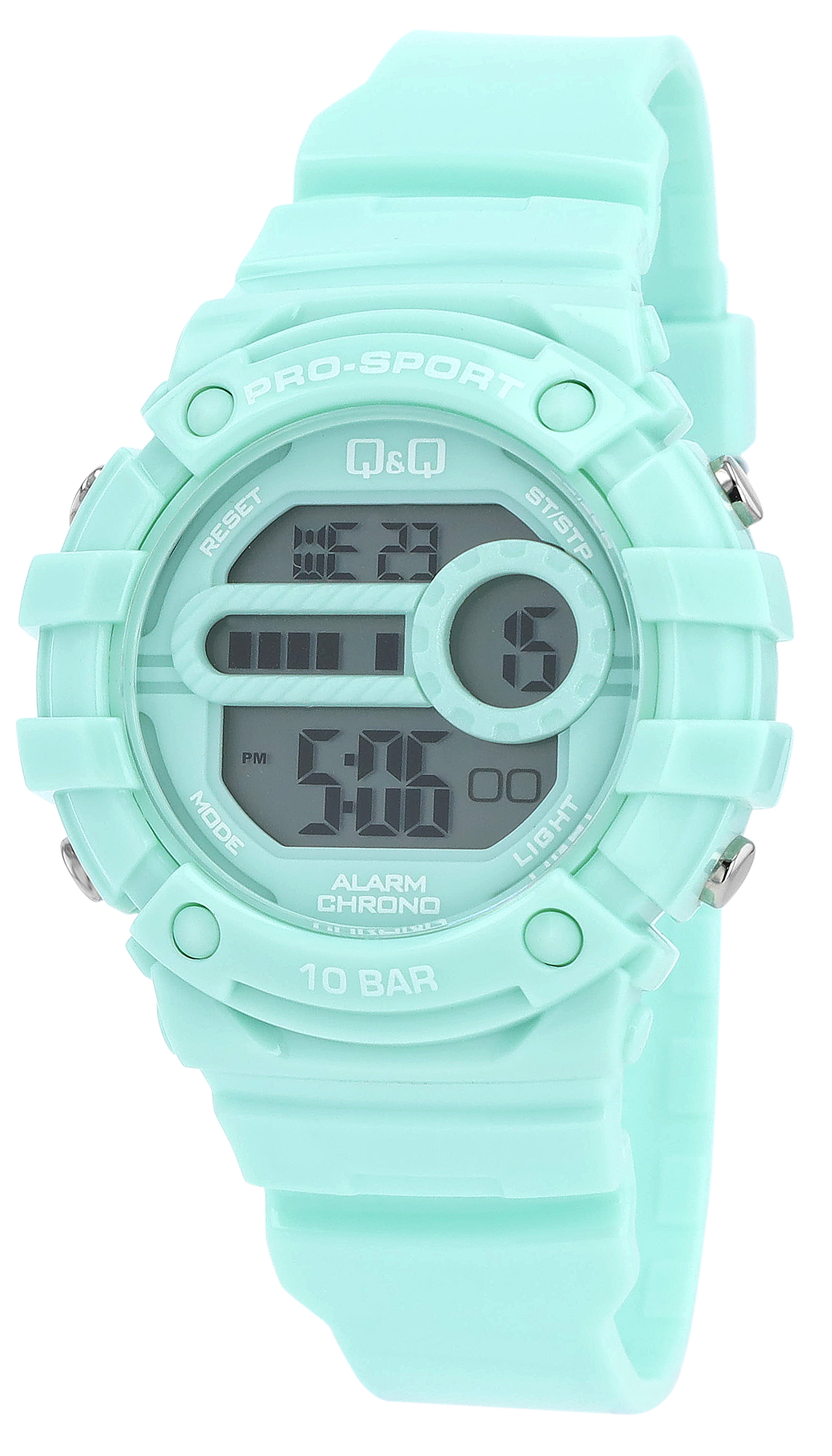 Q&Q Damen Digitaluhr, Kunststoffgehäuse, Silikonband, grün, 10 ATM, Ø 40,5 mm