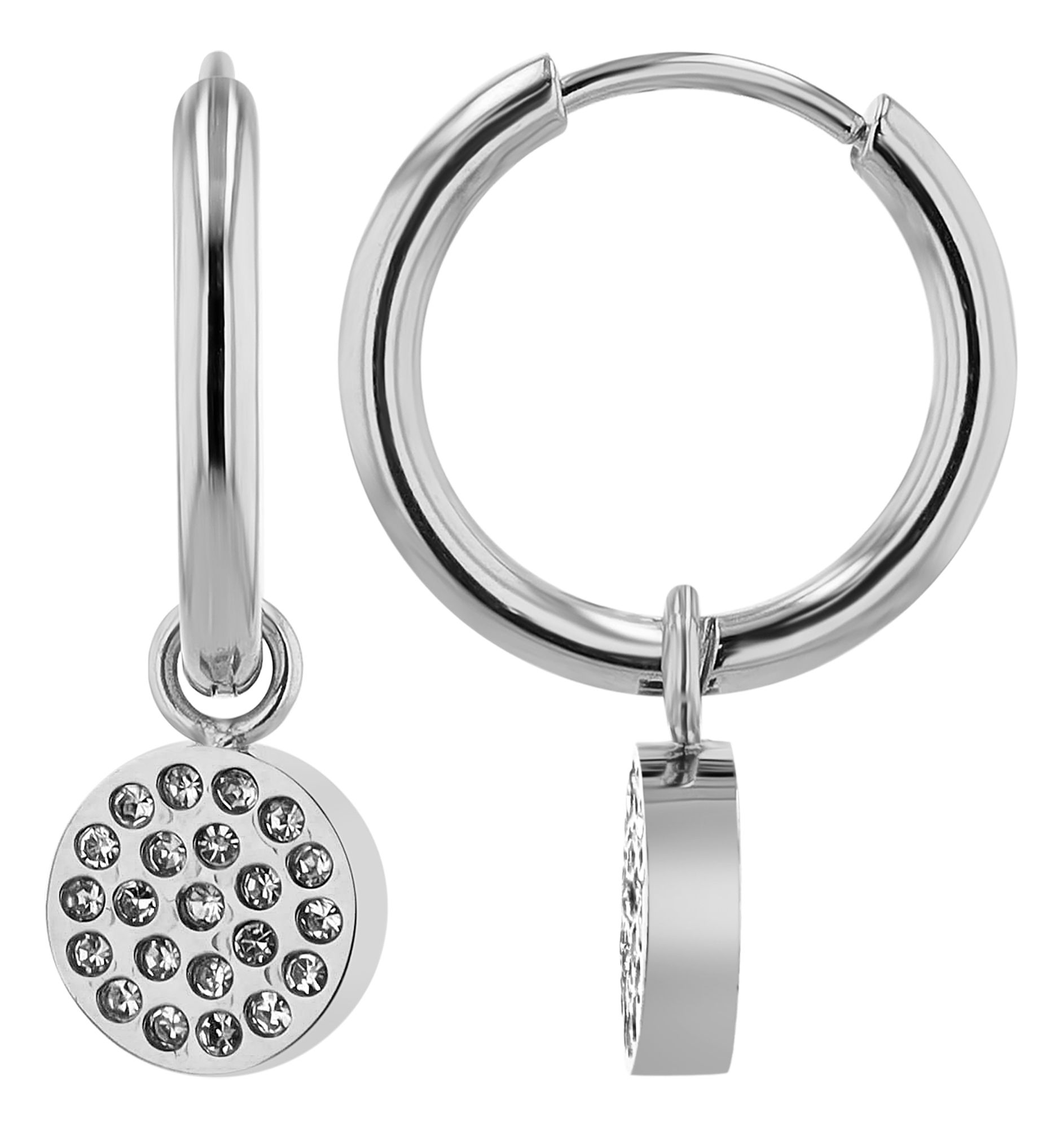 "Sadie" Edelstahl Creole mit rundem Anhänger mit Steinchen, silberfarben