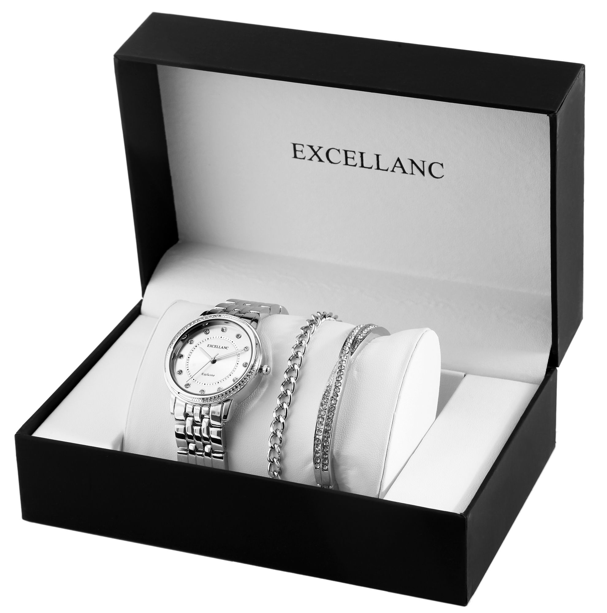 Excellanc Damen-Geschenkset mit Armbanduhr, Armband und Armreif, silberfarben