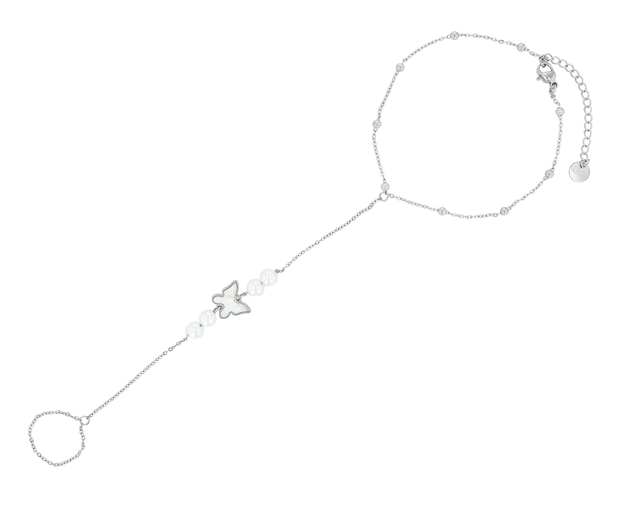 "Daisy" Fußkette mit Zehenring, Schmetterling und Perlen, silberfarben, 21 + 5 cm