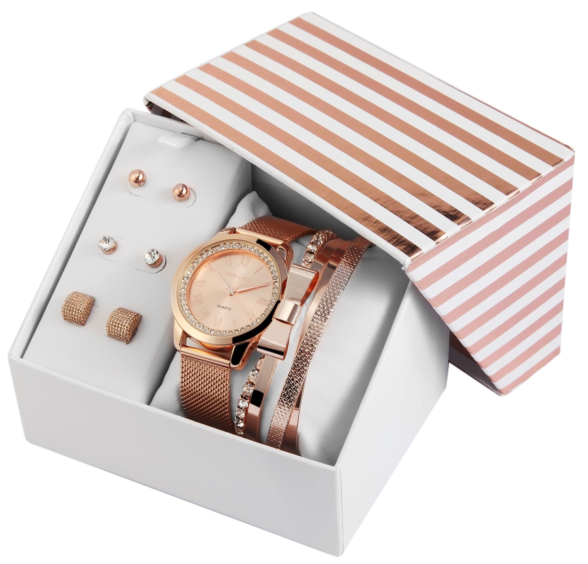 Excellanc Geschenkset mit Damenuhr, Ohrsteckern und Armreifen, roségoldfarben
