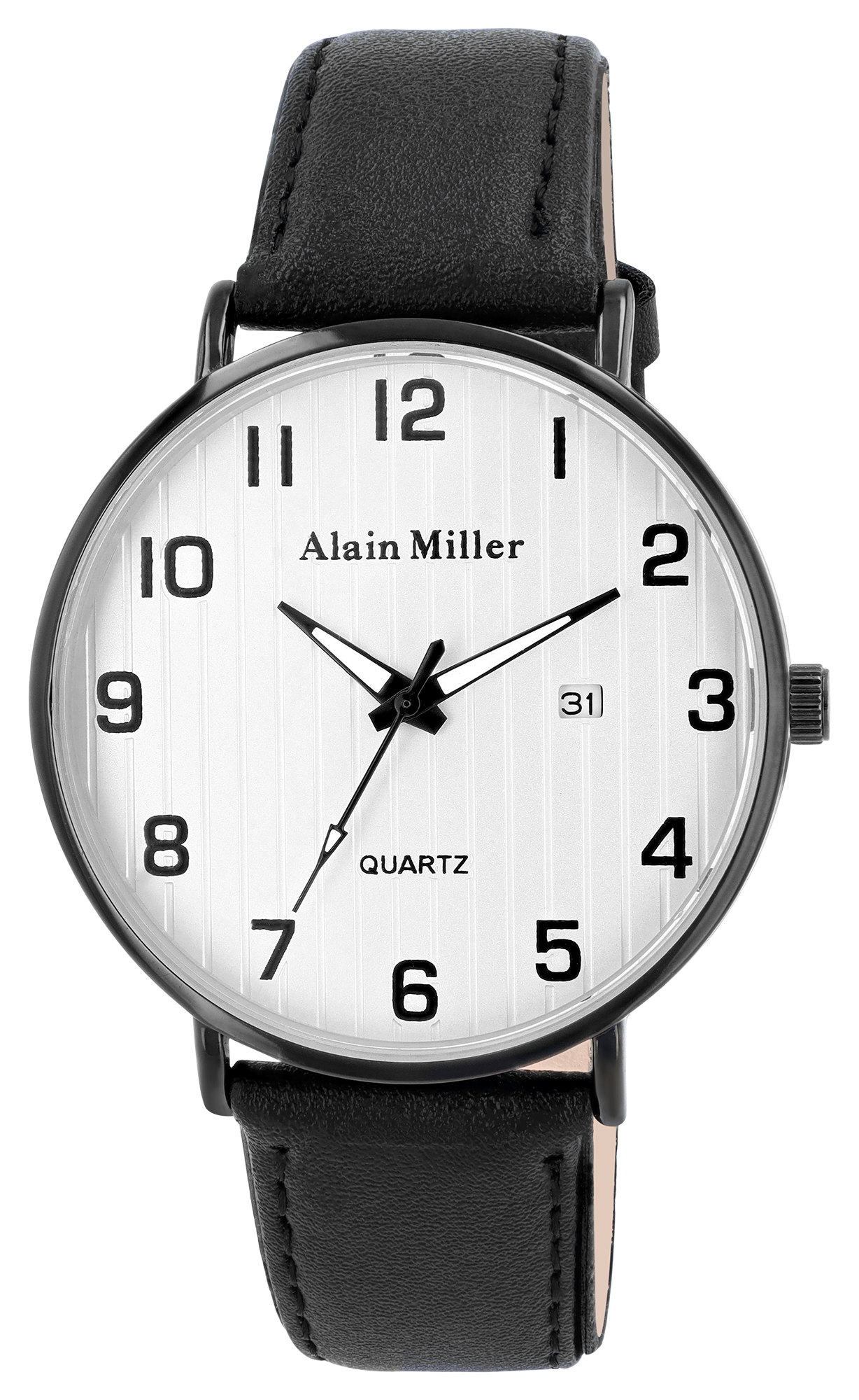 Alain Miller, Herrenuhr, Metall/Edelstahl, Lederimitatband, schwarz/weiß, Ø 42 mm