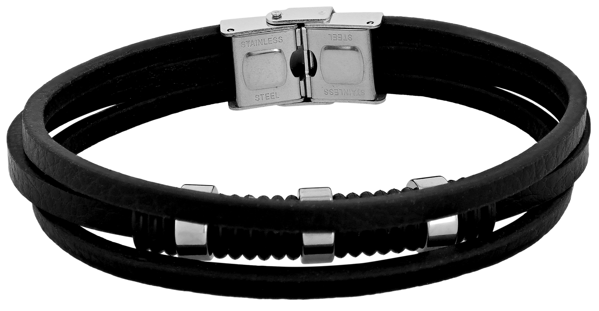 "Thabo", Akzent Echtleder Armband, Edelstahlelemente, schwarz/silberfarben, 22,5 cm