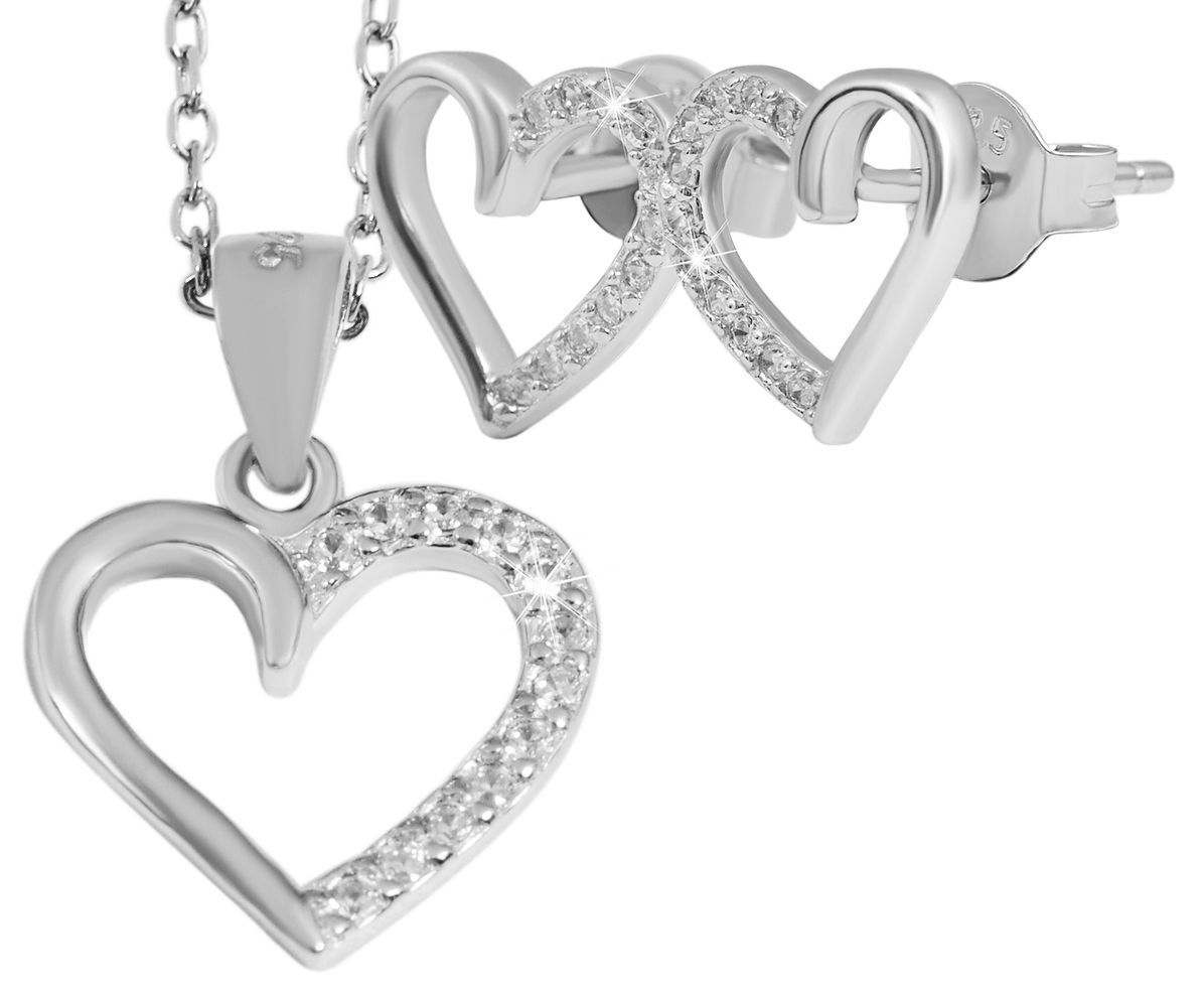 925/- Echt Silber Schmuckset "Heleen" mit Ohrsteckern und Anhänger, Herzen, Zirkoniabesatz, 925/rhodiniert