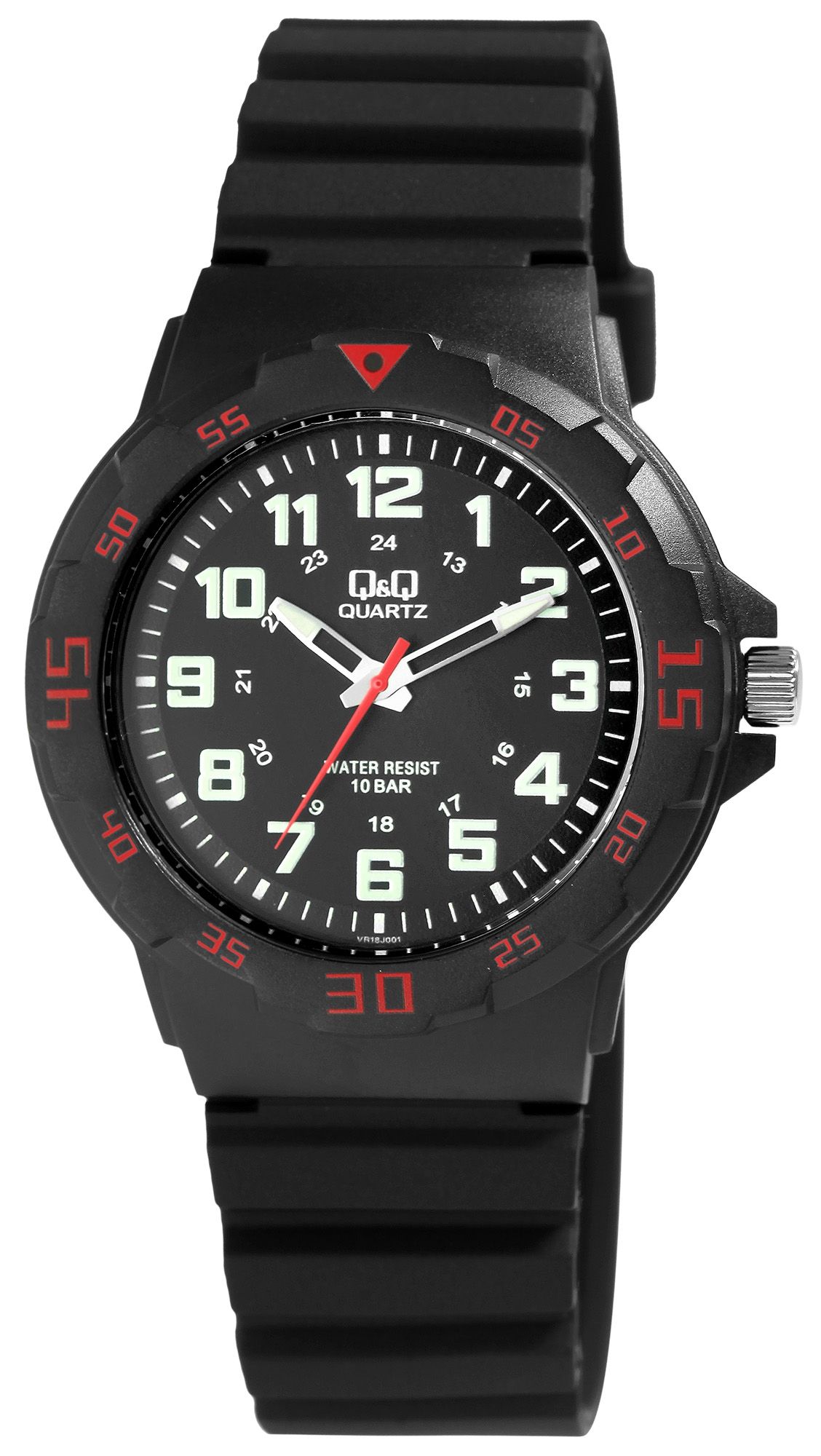 Q&Q Herrenuhr mit Silikonarmband, Ø 43 mm, schwarz/ rote Details