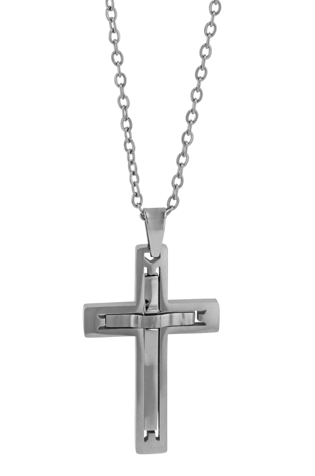 "Devin" Edelstahlkette (Ankerkette) mit Anhänger, Kreuz 43 + 3 cm, silberfarben