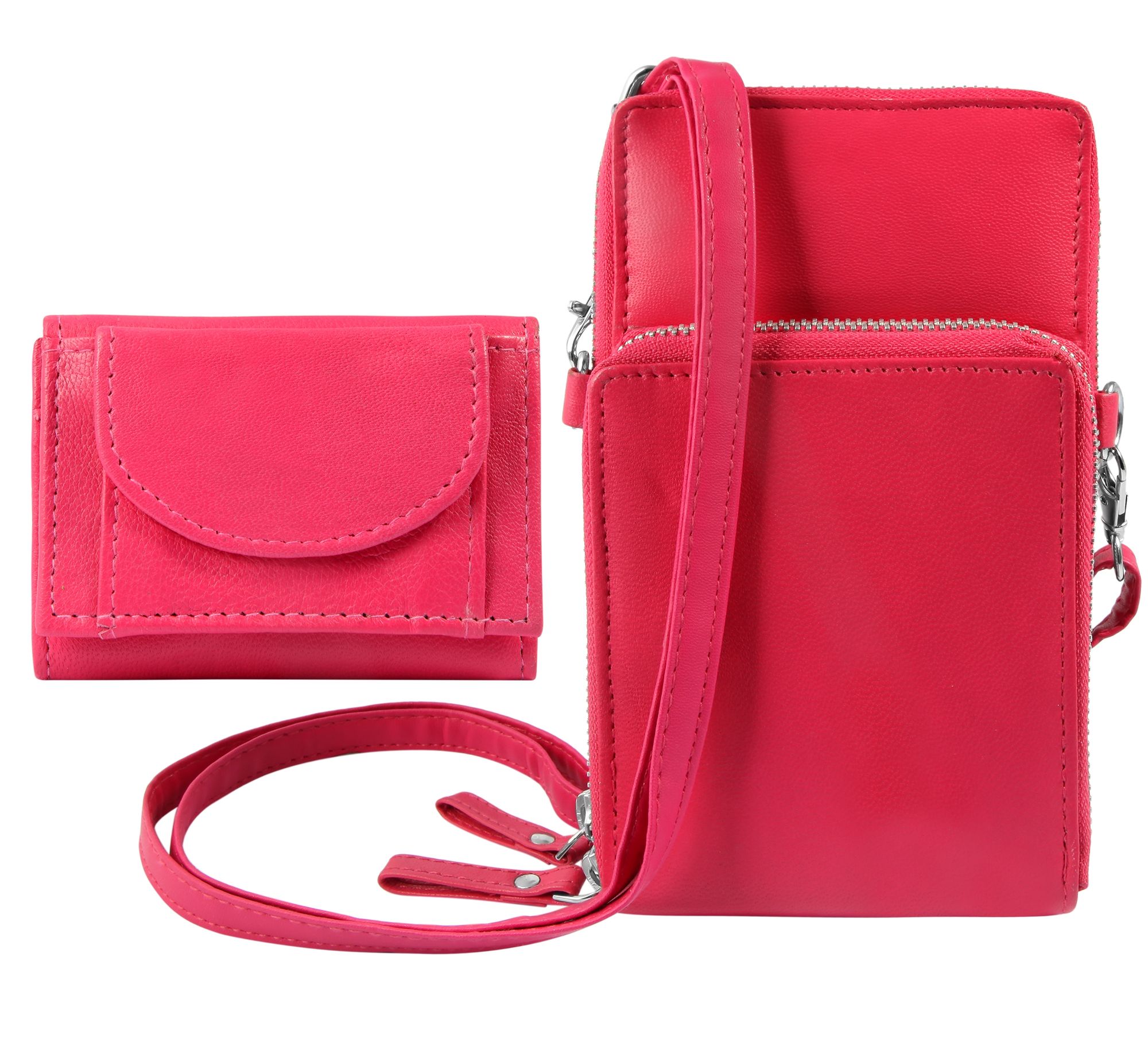 Handyumhängetasche Echtleder mit Minigeldbörse, geeignet für iPhone 15, pink
