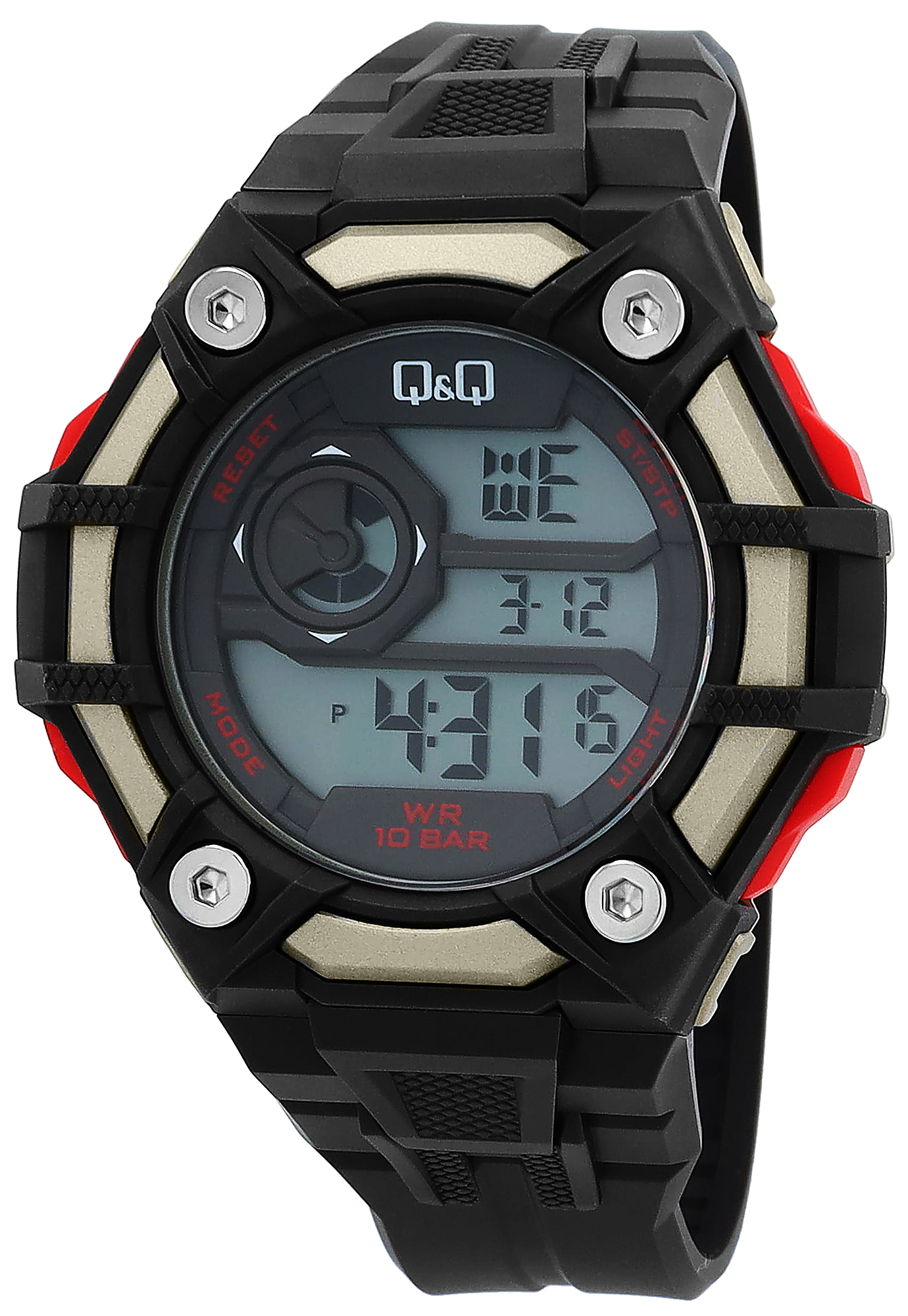 Q&Q Herren Digitaluhr, Silikonarmband, multifunktion, sportlich, braun/goldfarben/rot