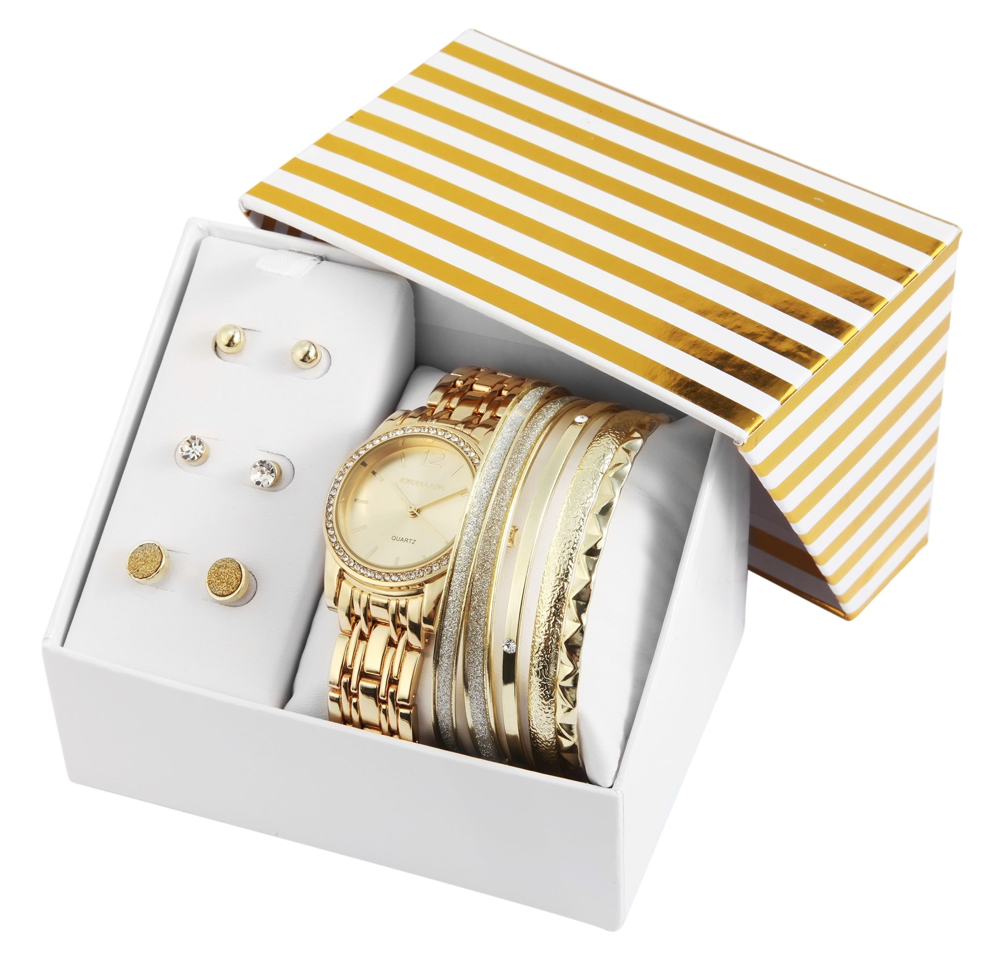 Excellanc Geschenkset mit Damenuhr, Armreifen und Ohrsteckern, goldfarben