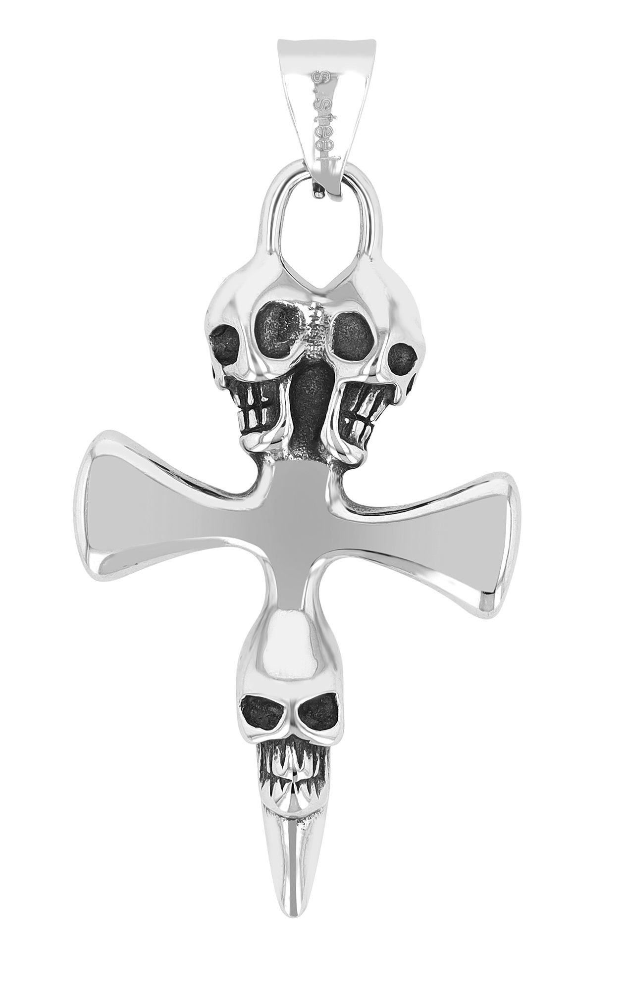 Akzent Kreuzanhänger mit Totenköpfen aus Edelstahl, silberfarben