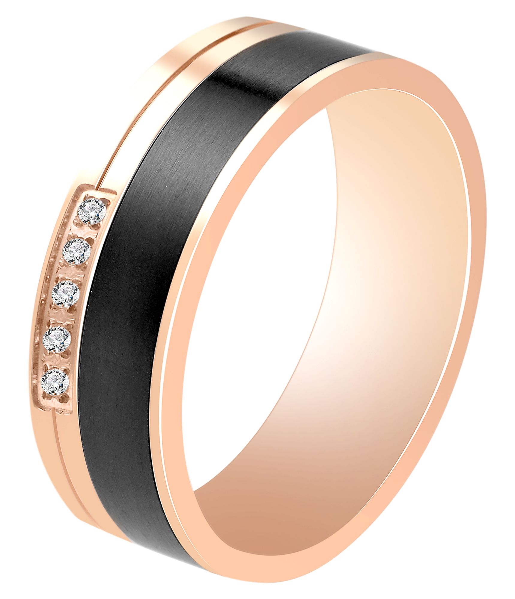 Akzent Damen-Partnerring, Edelstahl, Similibesatz, roségoldfarben/schwarz, Gr. 48
