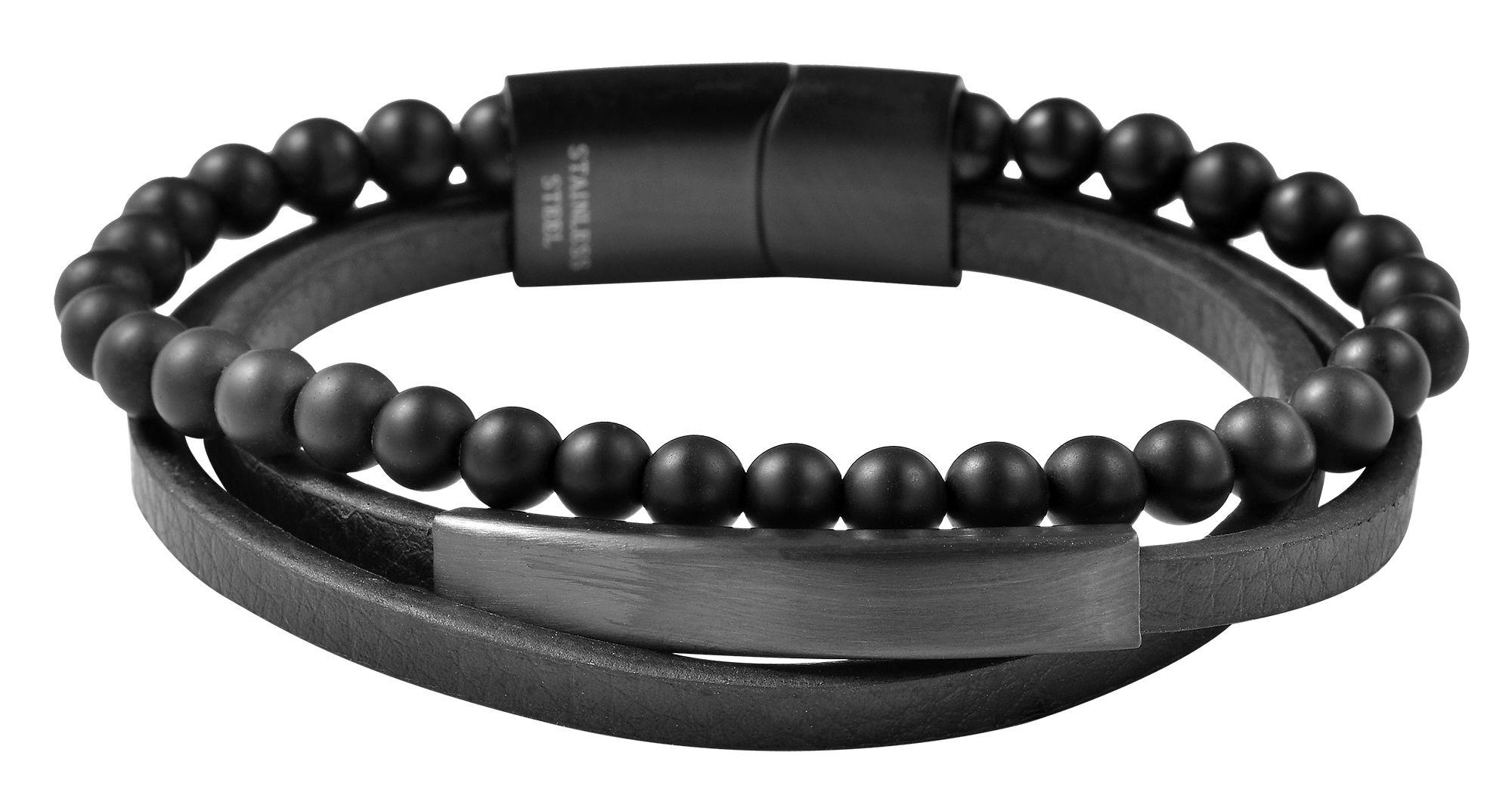 "Jaimy" Armband, Gravurplatte, Lederimitat/ Edelstahl/ Onyx, schwarz, 23 cm