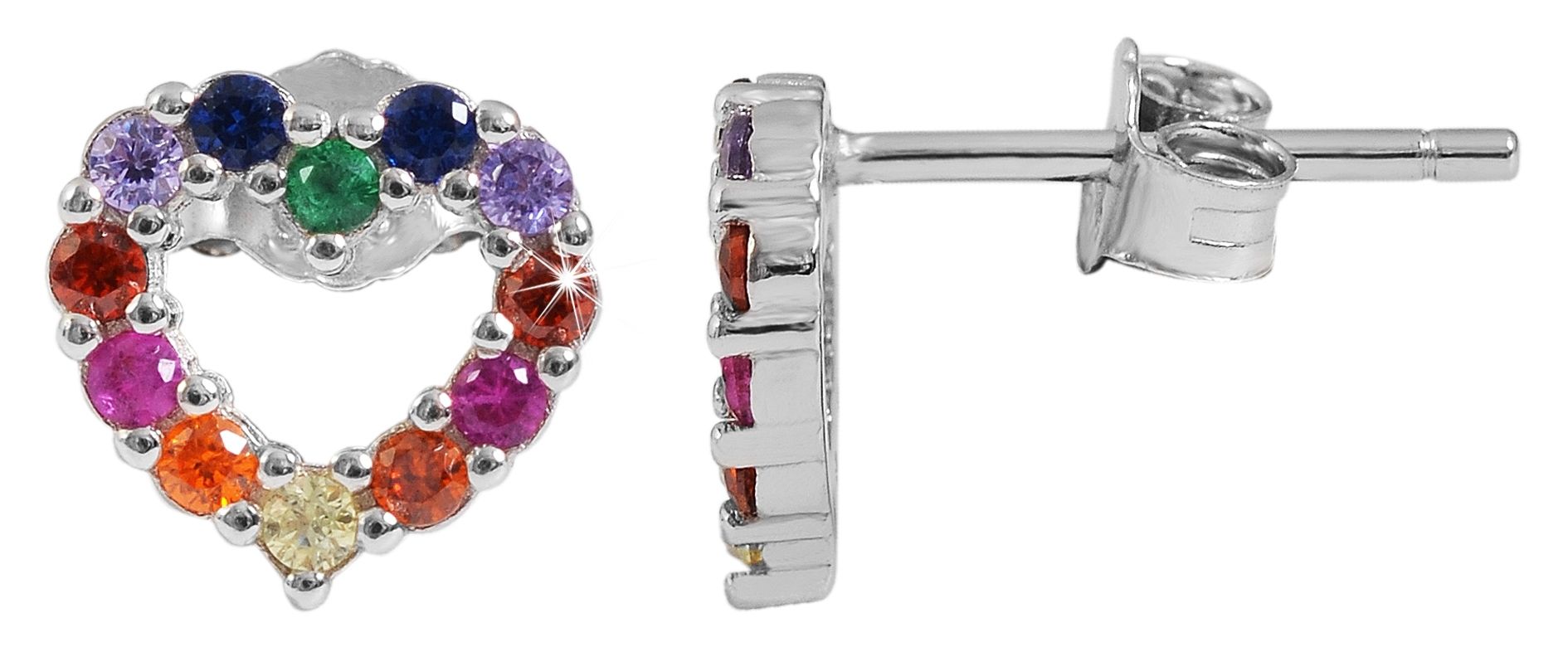 "Hannelore" 925/- Echt Silber Ohrstecker, Herz mit buntem Zirkonia in Krappenfassung, silberfarben/rhodiniert