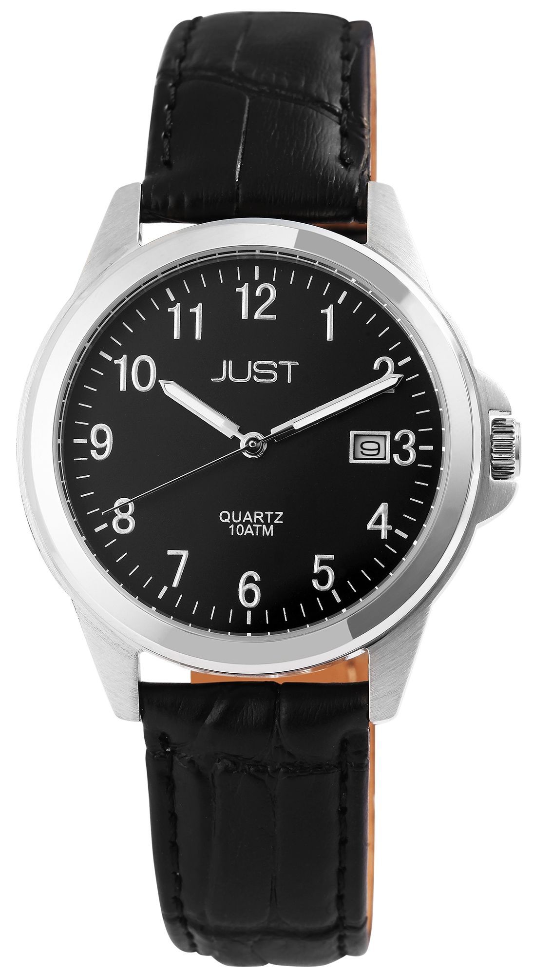 Just Echtleder Herrenarmbanduhr, 3-Zeiger, Datumsanzeige, schwarz/silberfarbig