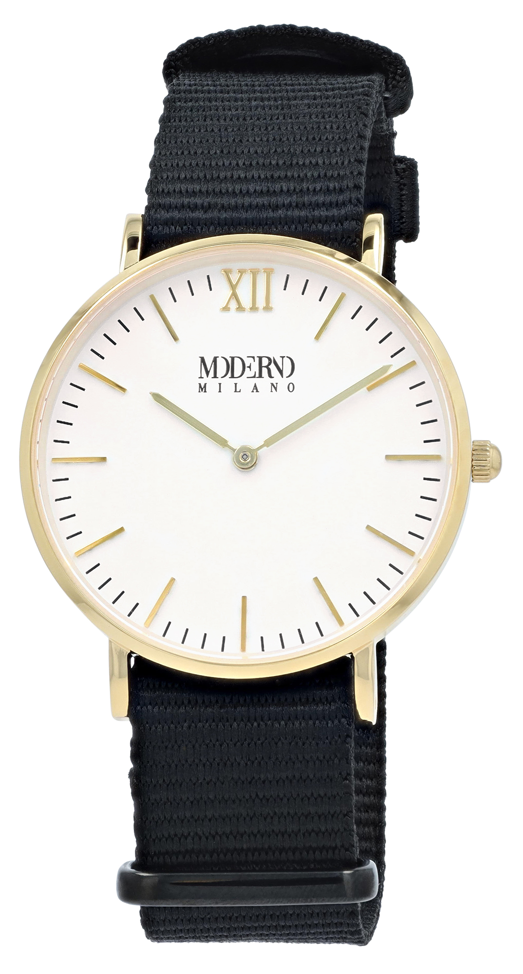 Moderno Milano Edelstahl Damenuhr 36,5 mm, Saphirglas & Nylon-NATO-Band (Schwarz), goldfarben