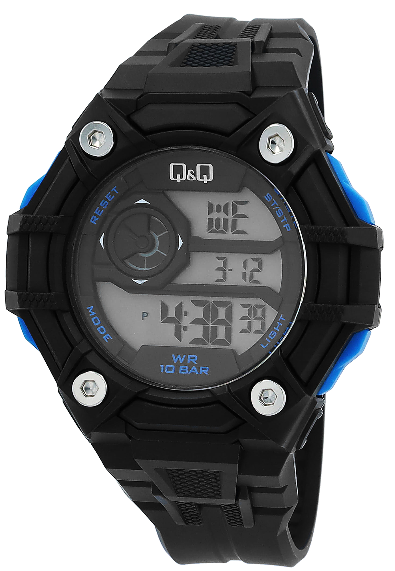 Q&Q Herren Digitaluhr, Silikonarmband, multifunktion, sportlich, schwarz/blau