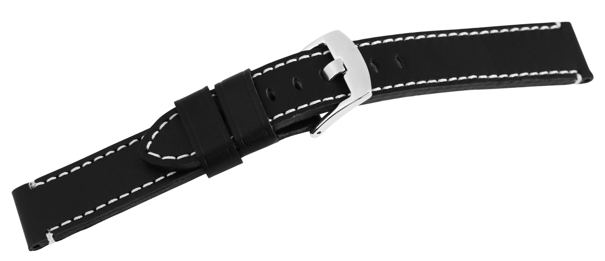 Echtleder-Uhrenarmband, schwarz, weiße Naht, 20 mm