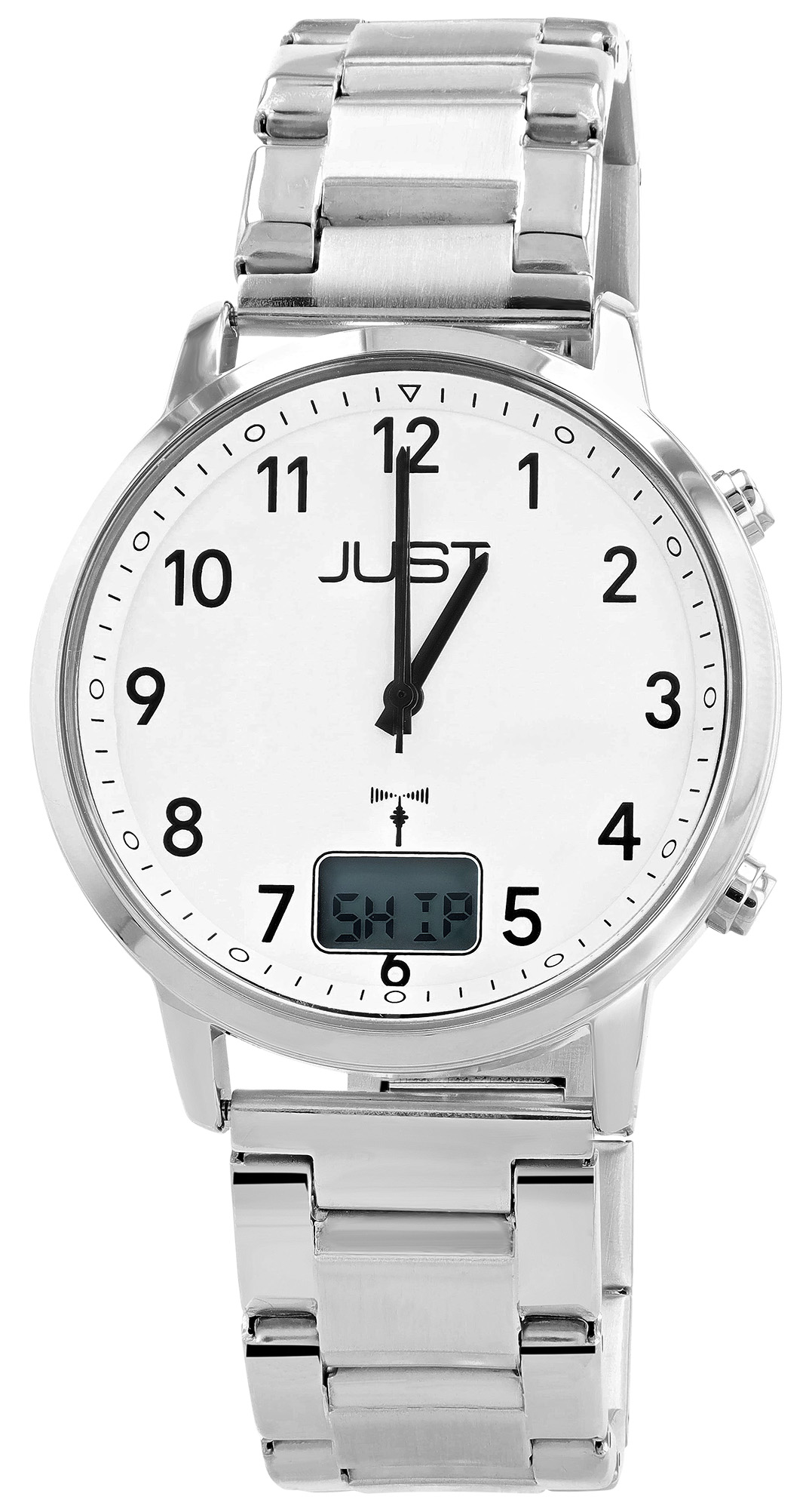 JUST Herren-Funkuhr "Vita Visio" Ø 40 mm (weißes Zifferblatt & Arabische Ziffern), Edelstahl-Gliederband