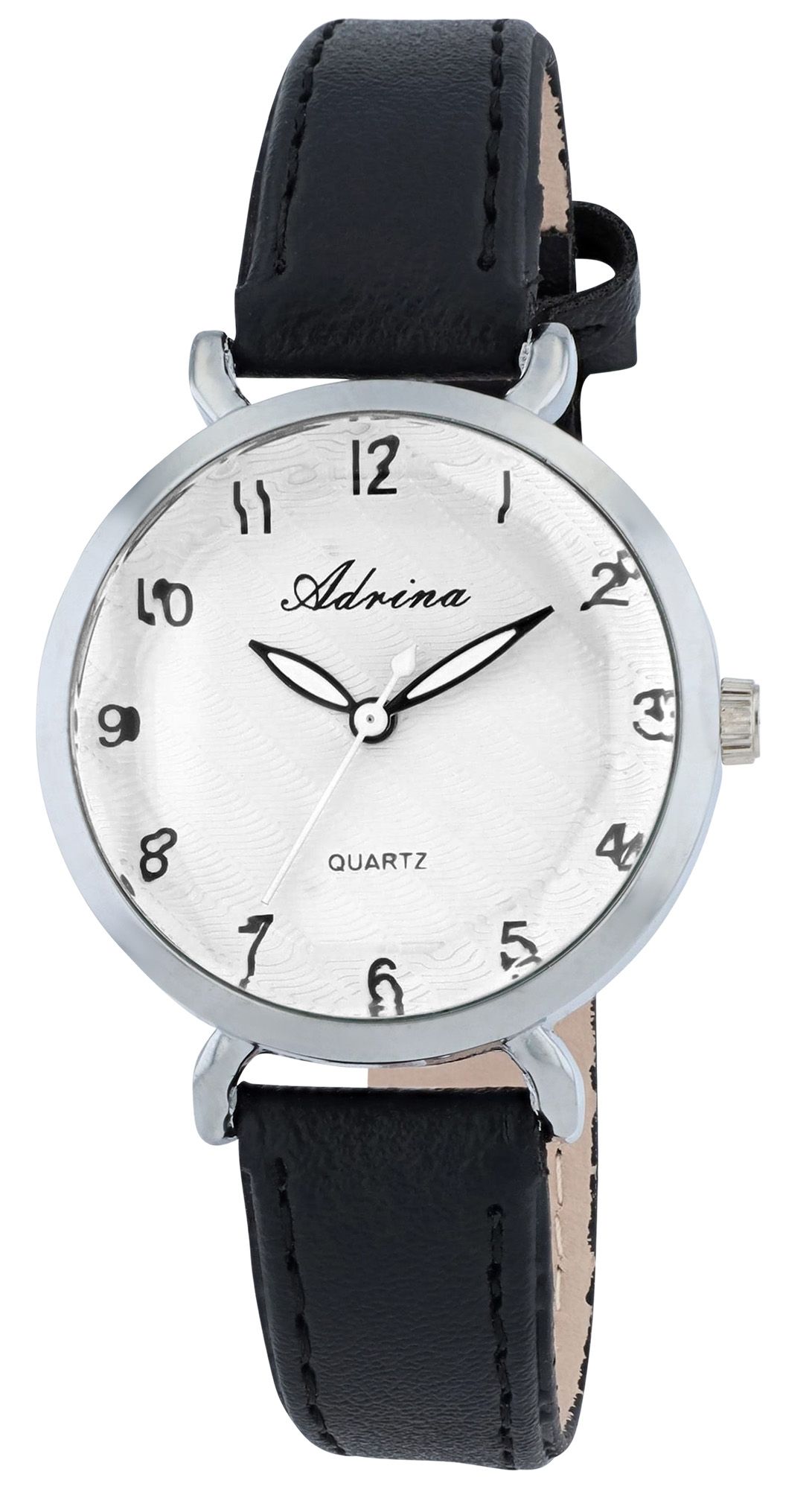 Adrina Damenuhr, Lederimitationsband, Ø 32,5 mm, schwarz/silberfarben