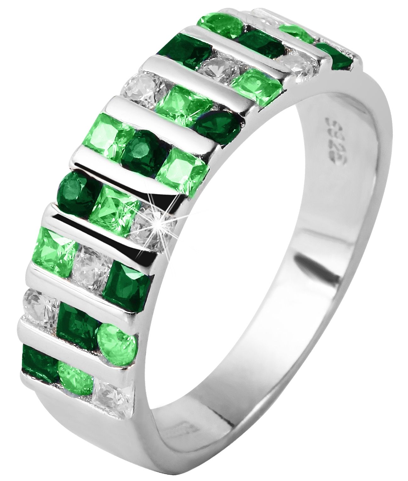 "Phillis" 925/- Echt Silber Ring Gr 60 mit grün-weißem Zirkoniabesatz, silberfarben rhodiniert