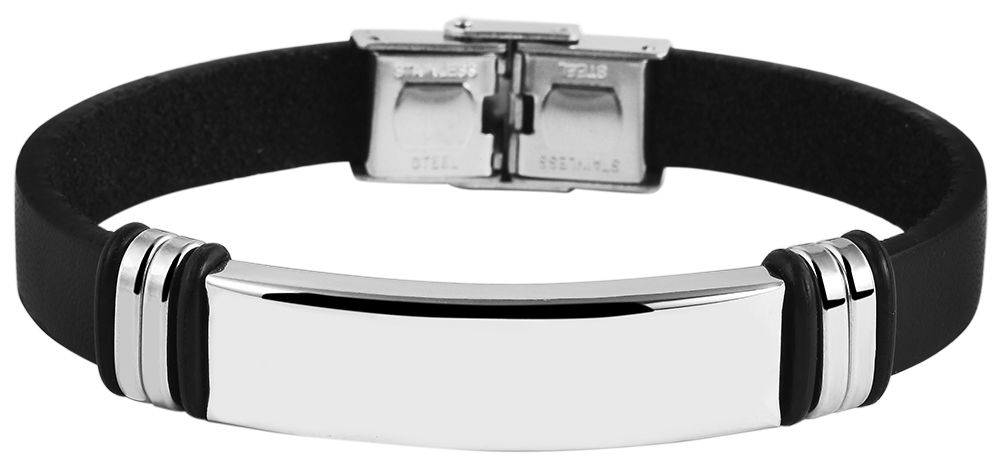 "Jonah" Echtlederarmband mit Edelstahl Gravurplatte, 22 cm, schwarz/silberfarben