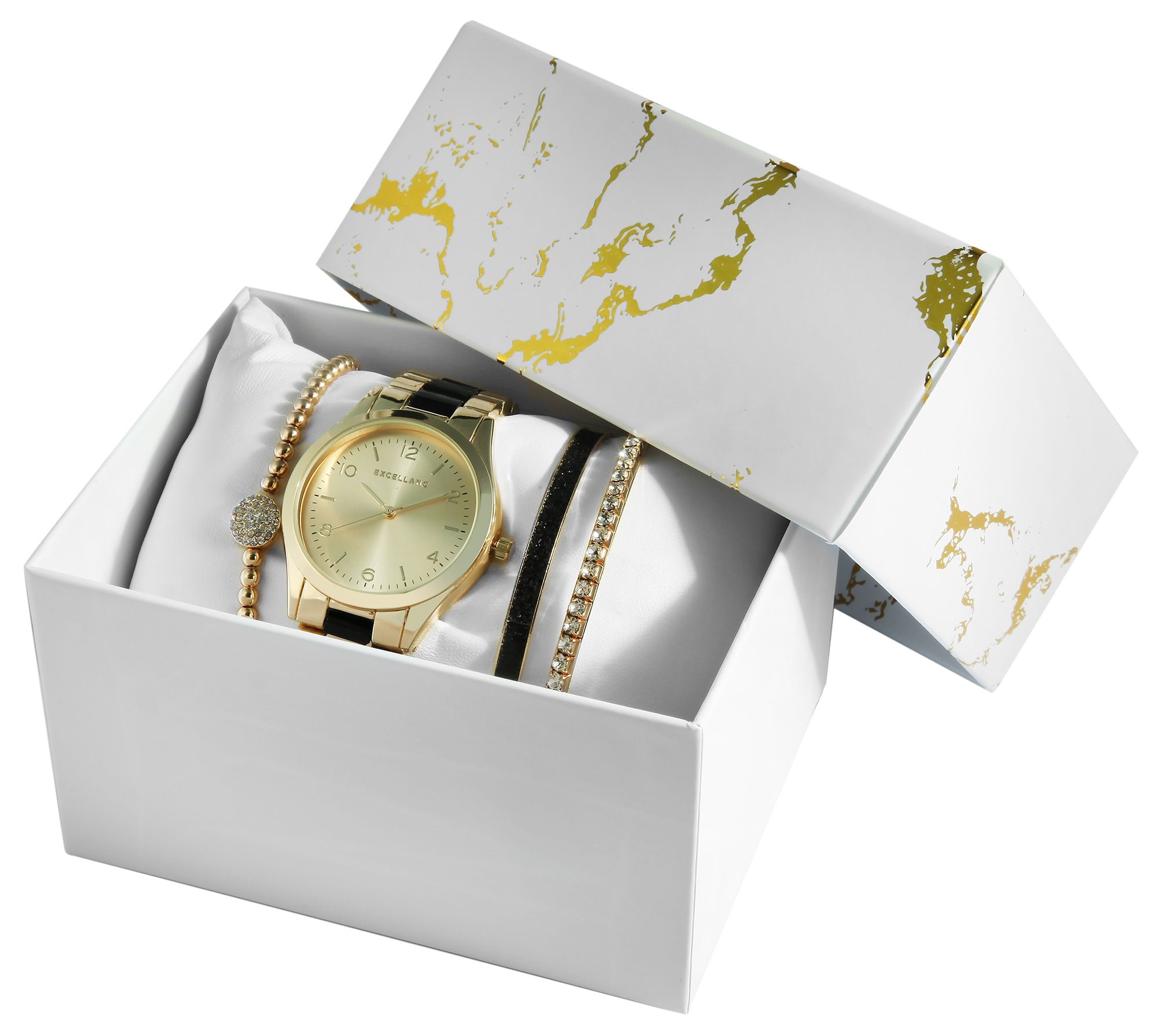 Excellanc Damengeschenkset mit Armbanduhr, Armband und zwei Armreifen, goldfarben/schwarz