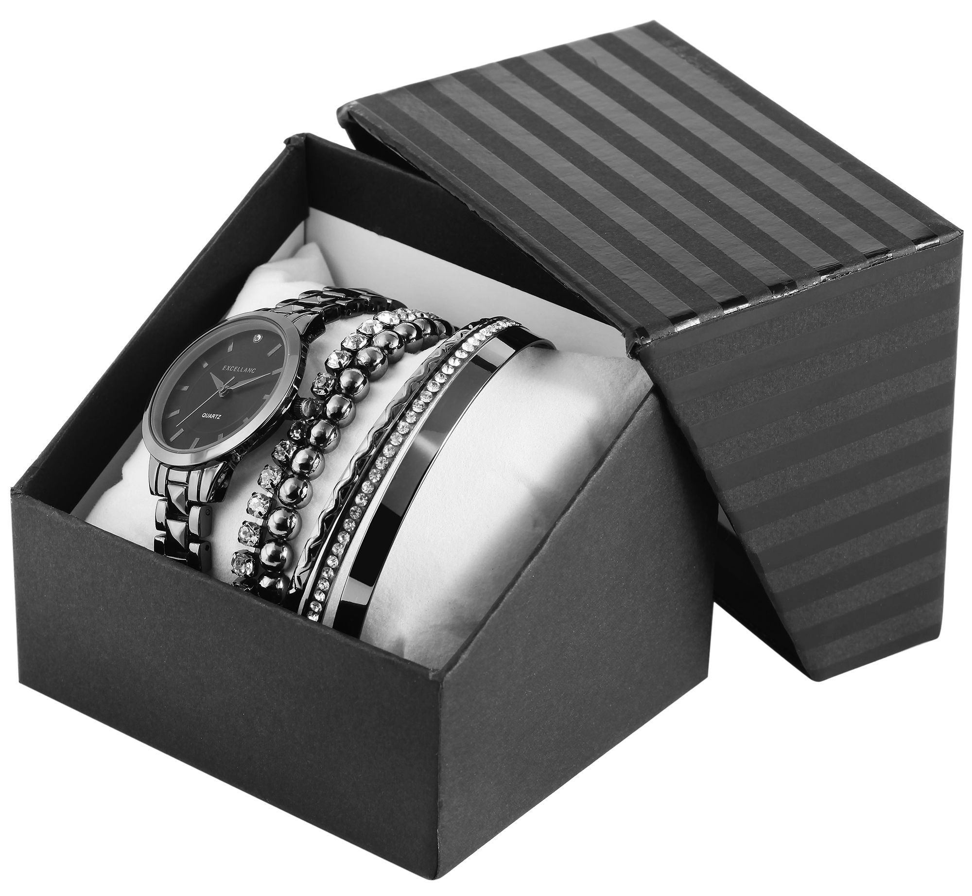 Excellanc Geschenkset, Damen, Uhr, 3 Armreifen, 2 Armbänder, schwarz