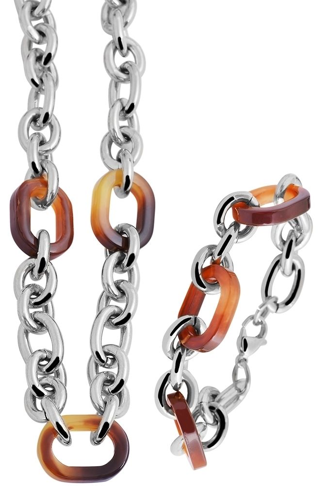 Akzent Edelstahl Schmuckset (Kette mit Anhänger & Armband), silberfarbig/ braun