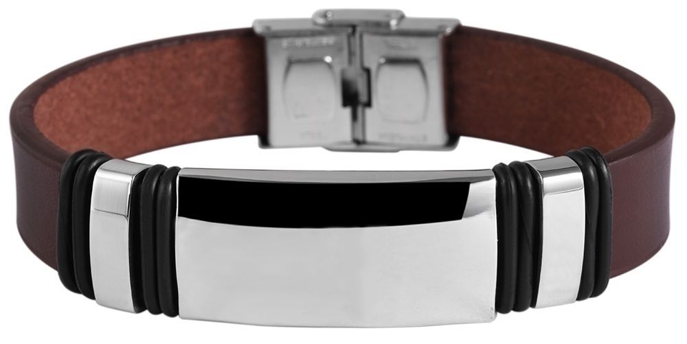 "Arto" Echlederarmband mit Gravurplatte, 21cm, dunkelbraun/silberfarben