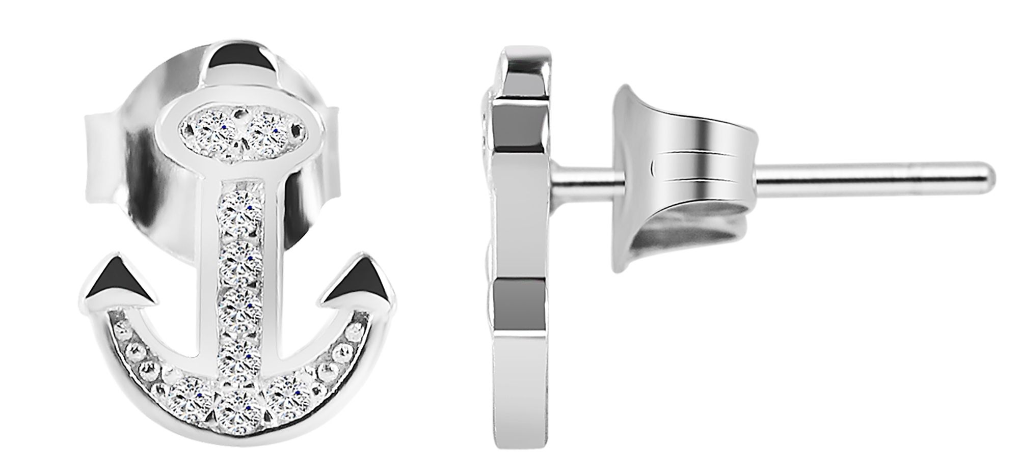 925/- Echt Silber Anker-Ohrstecker "Anina" mit Zirkoniabesatz, 925/rhodiniert