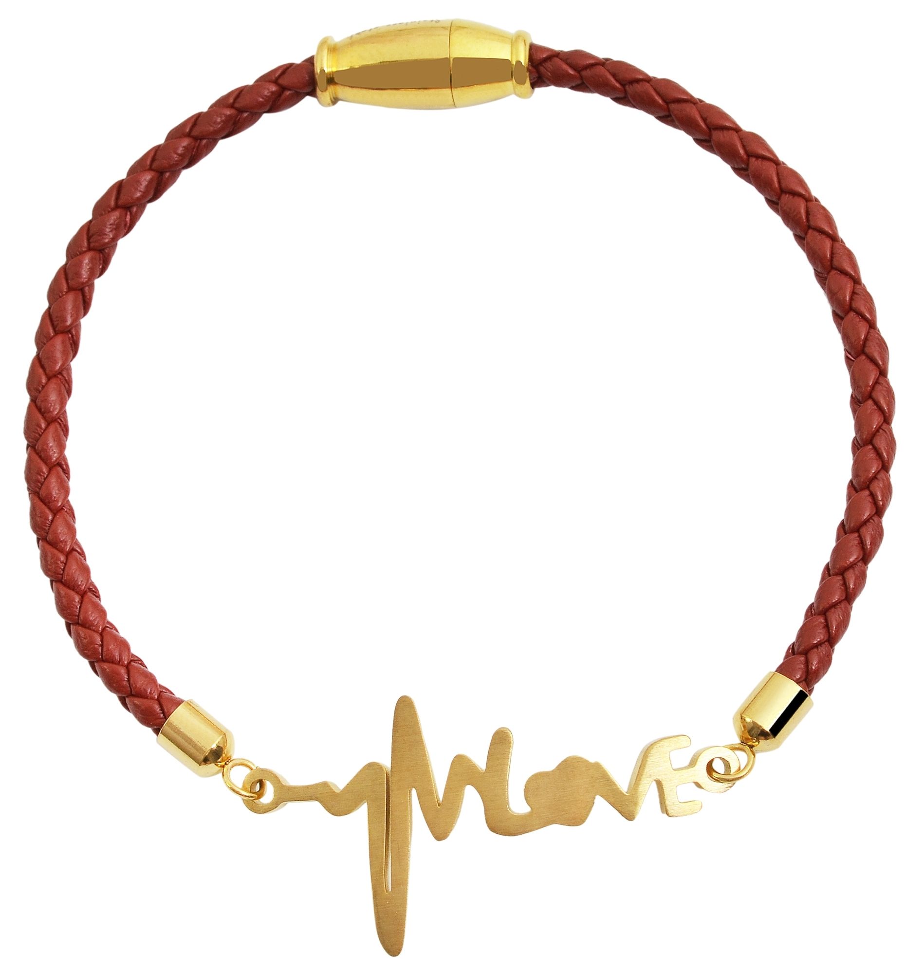 Akzent Armband aus Lederimitat mit Edelstahlelement Herzschlagsymbol, rot/goldfarben