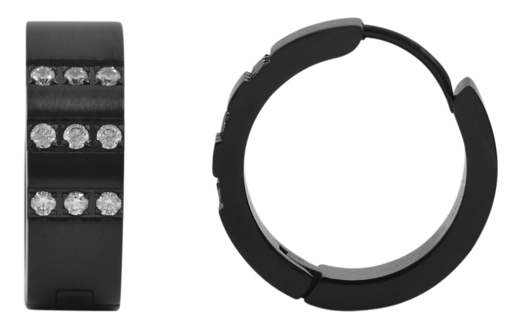 Akzent Edelstahl Klapp-Creolen mit IP Beschichtung, Simili besetzt, schwarz, matt