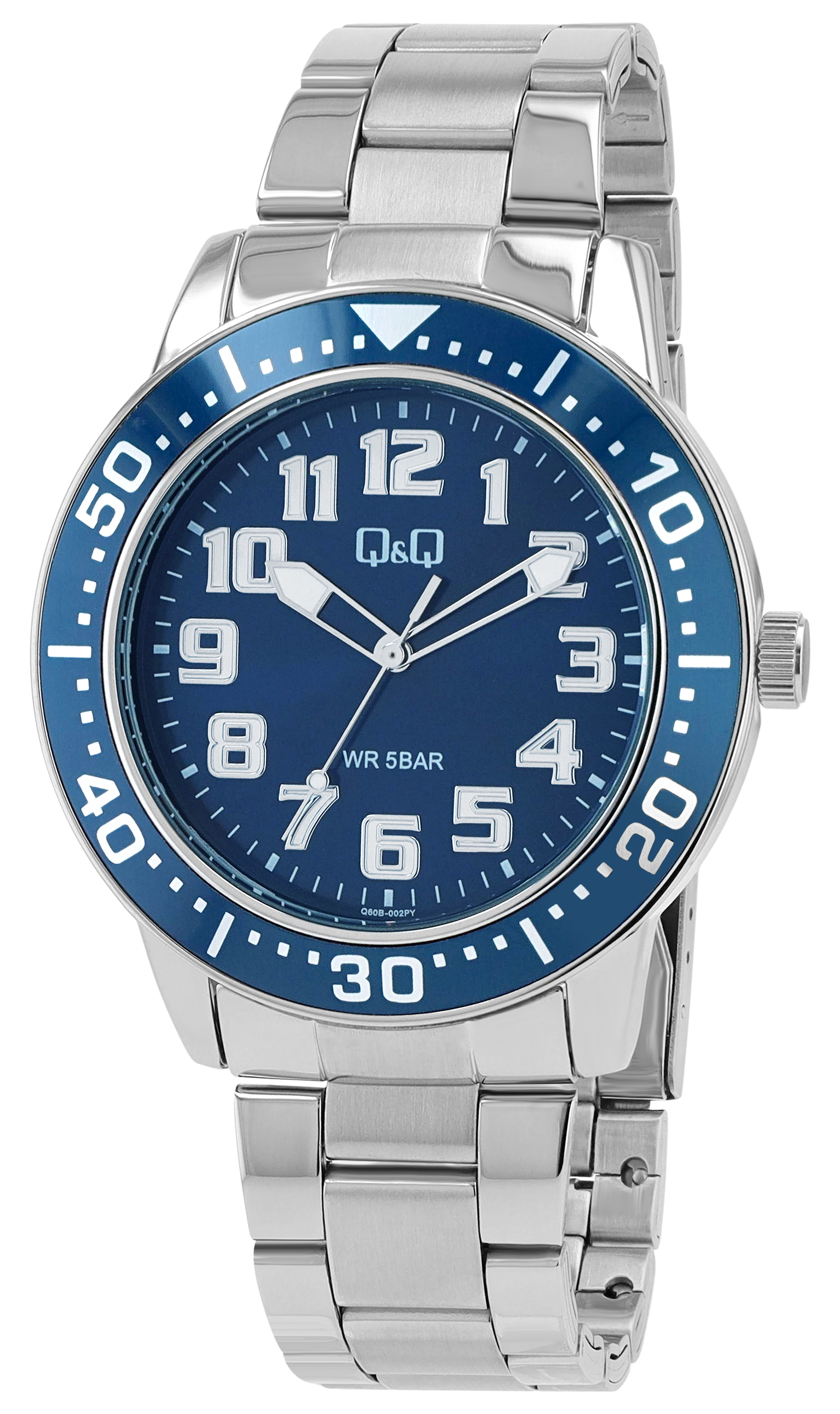 Q&Q Herrenuhr, Edelstahlgliederarmband, Faltschließe, silberfarben/blau, 5ATM, Ø 45 mm