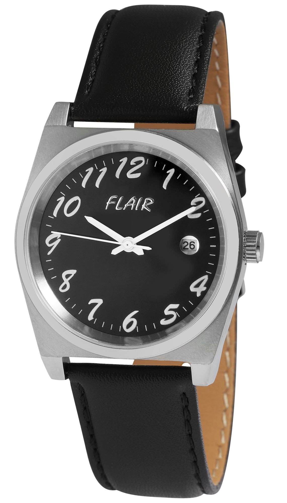 Flair Herrenuhr mit Echtlederarmband, Datumsanzeige, 5 ATM, schwarz/silberfarben