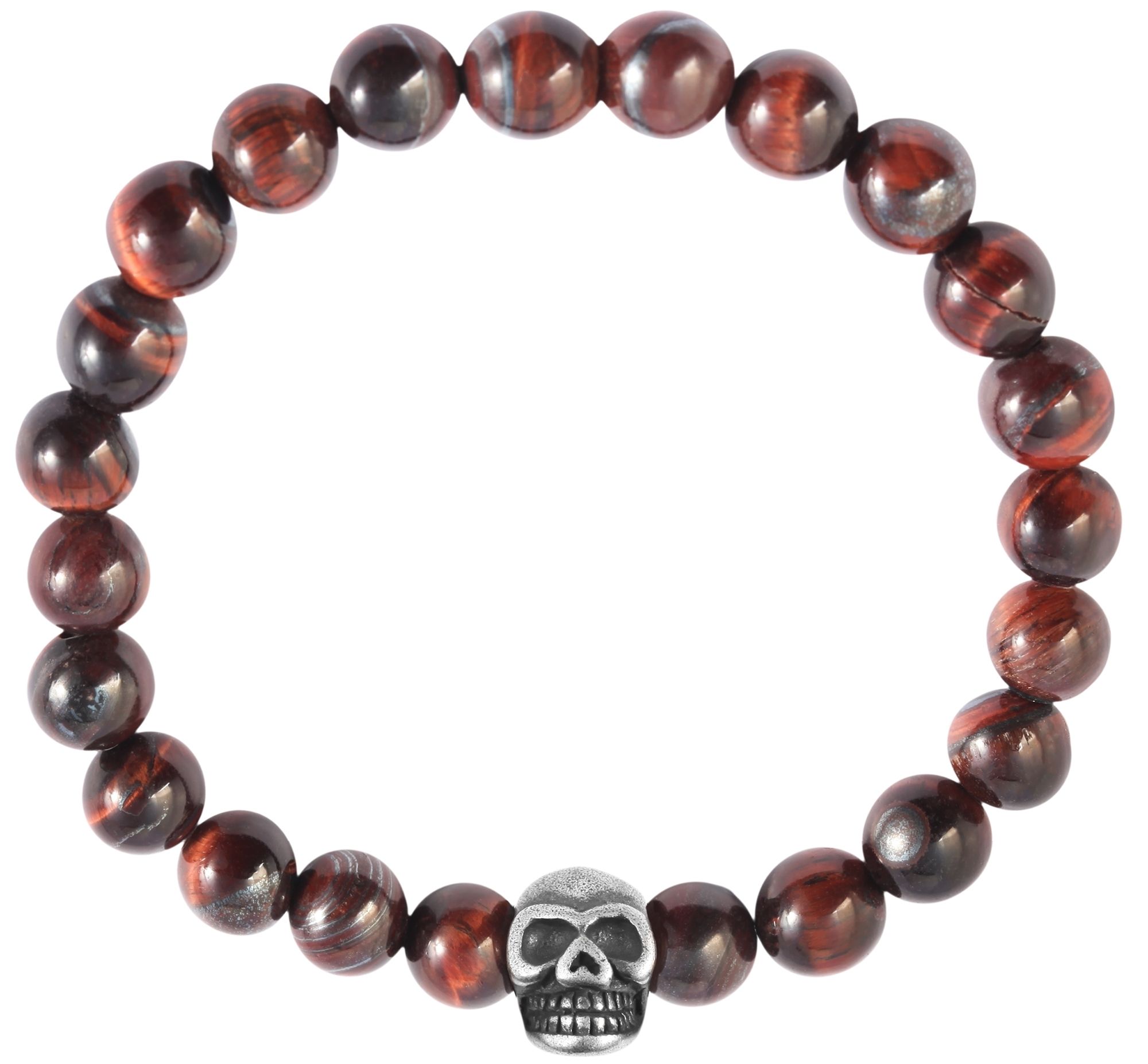 Raptor Naturstein Kugelarmband (Tigerauge) mit Edelstahlelement Totenkopf