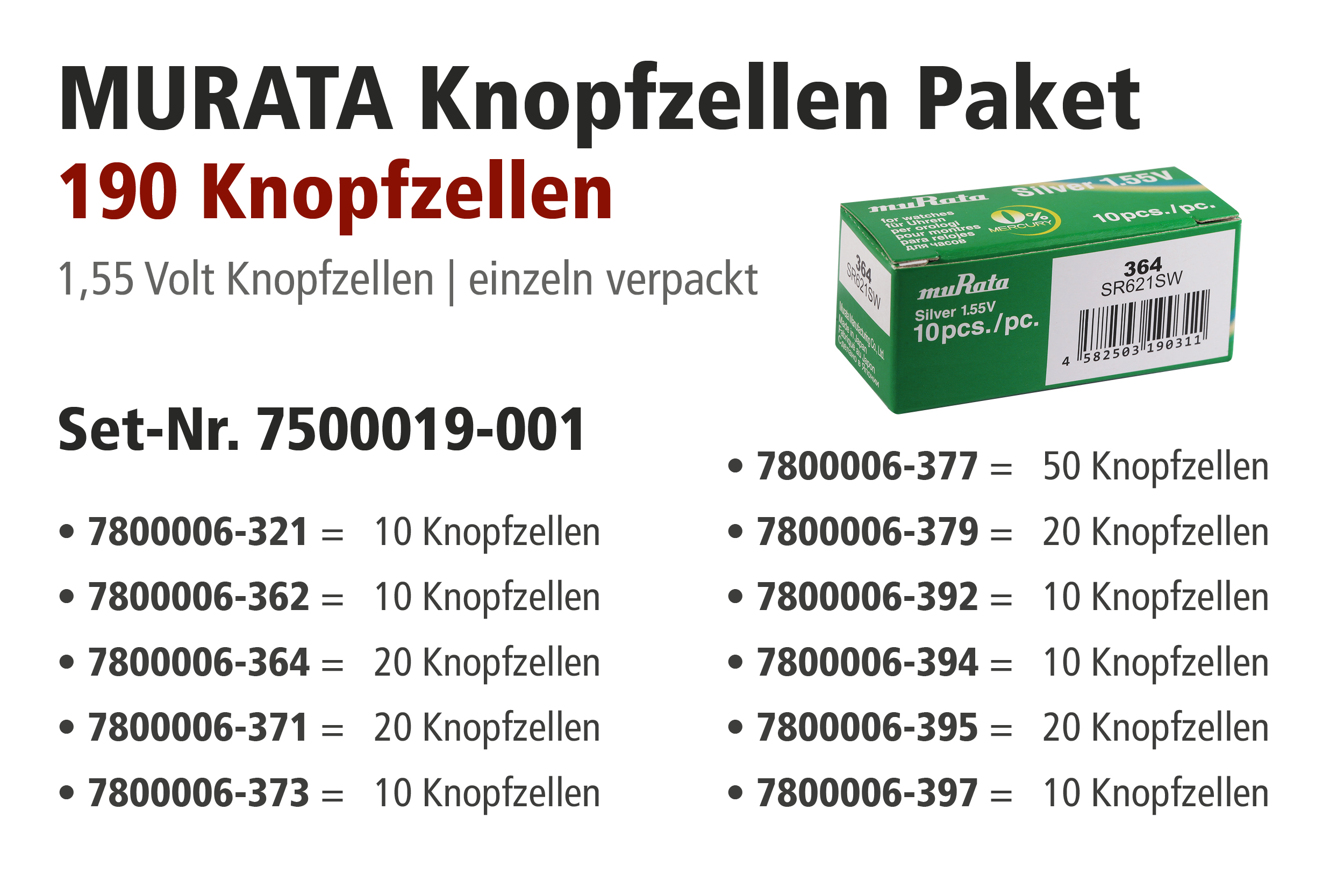 Murata Aktionspaket mit Knopfzellen im Display, 321er - 399er