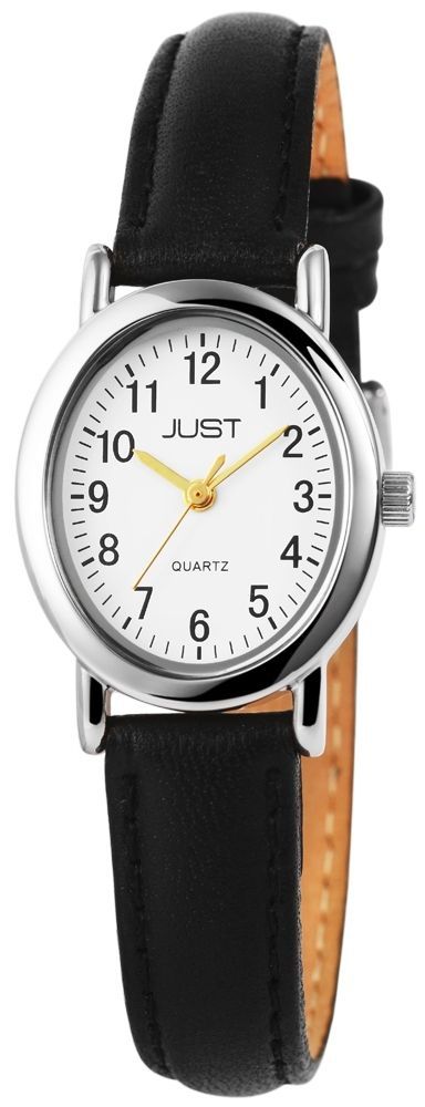 Just Damenuhr mit schwarzem Echtlederarmband, silberfarben, Edelstahldornschließe