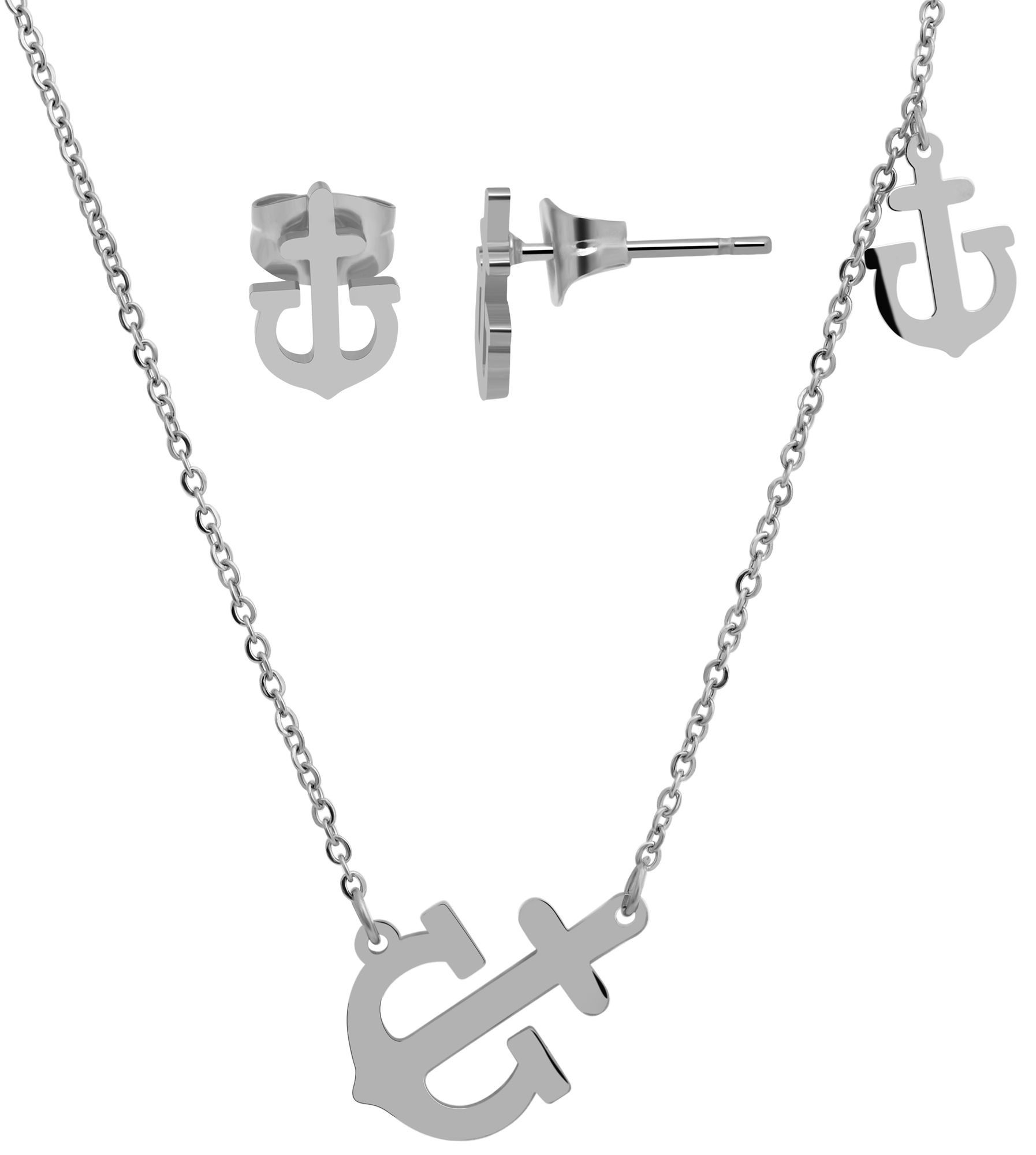 Edelstahl Schmuckset mit Ohrsteckern und Kette mit Anhänger im maritimen Ankerdesign in silberfarbig