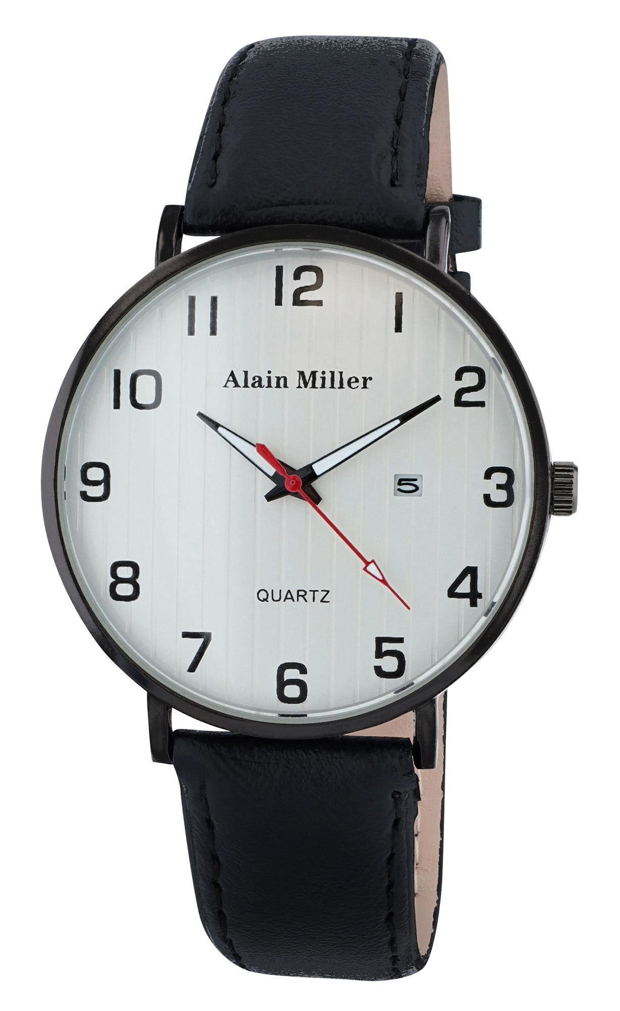 Alain Miller, Herrenuhr, Metall/Edelstahl, Lederimitatband, schwarz/weiß, Ø 42 mm
