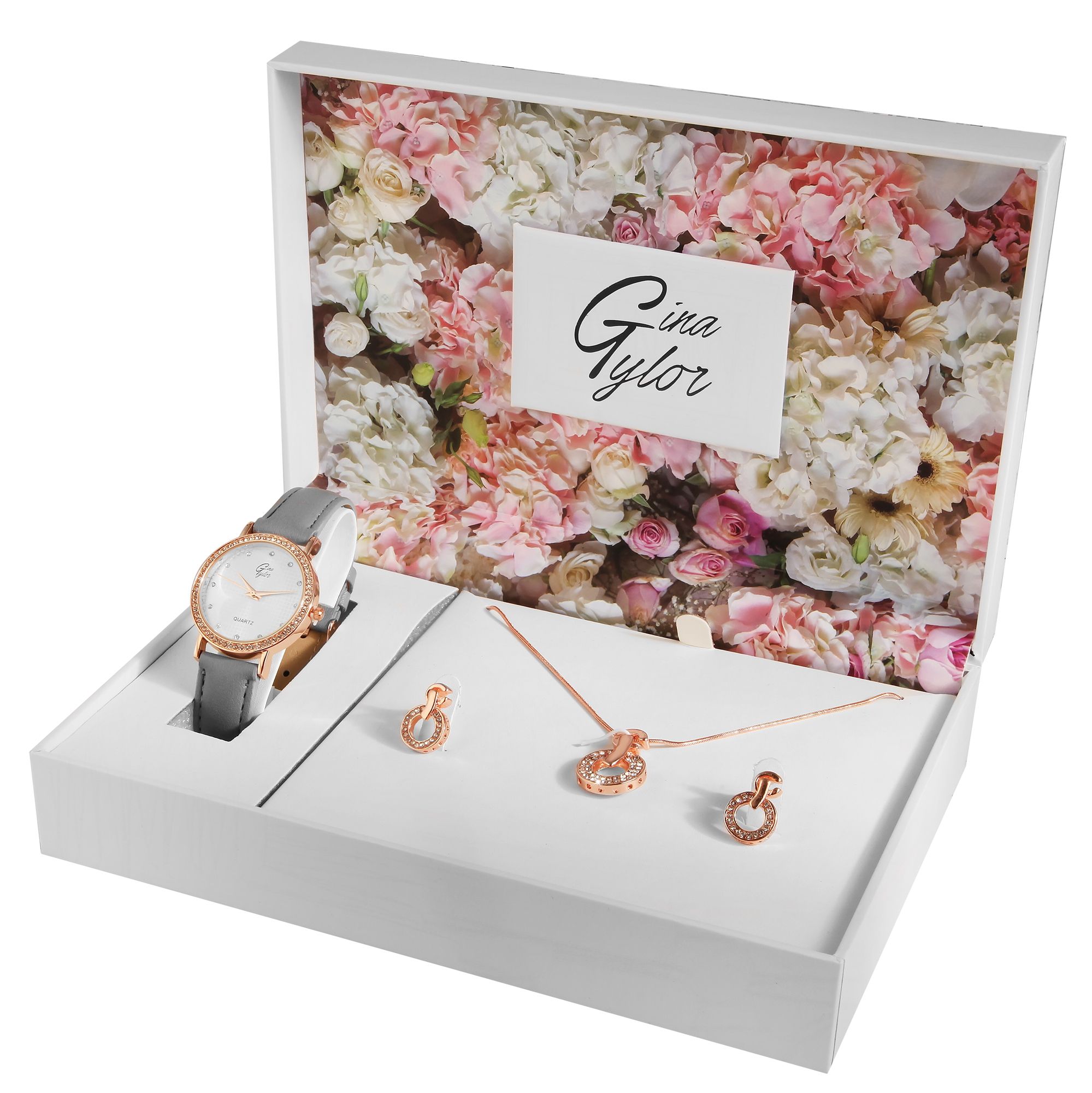 GinaTylor Damengeschenkset mit Armbanduhr, Halskette und Ohrringen, grau/roségoldfarbig
