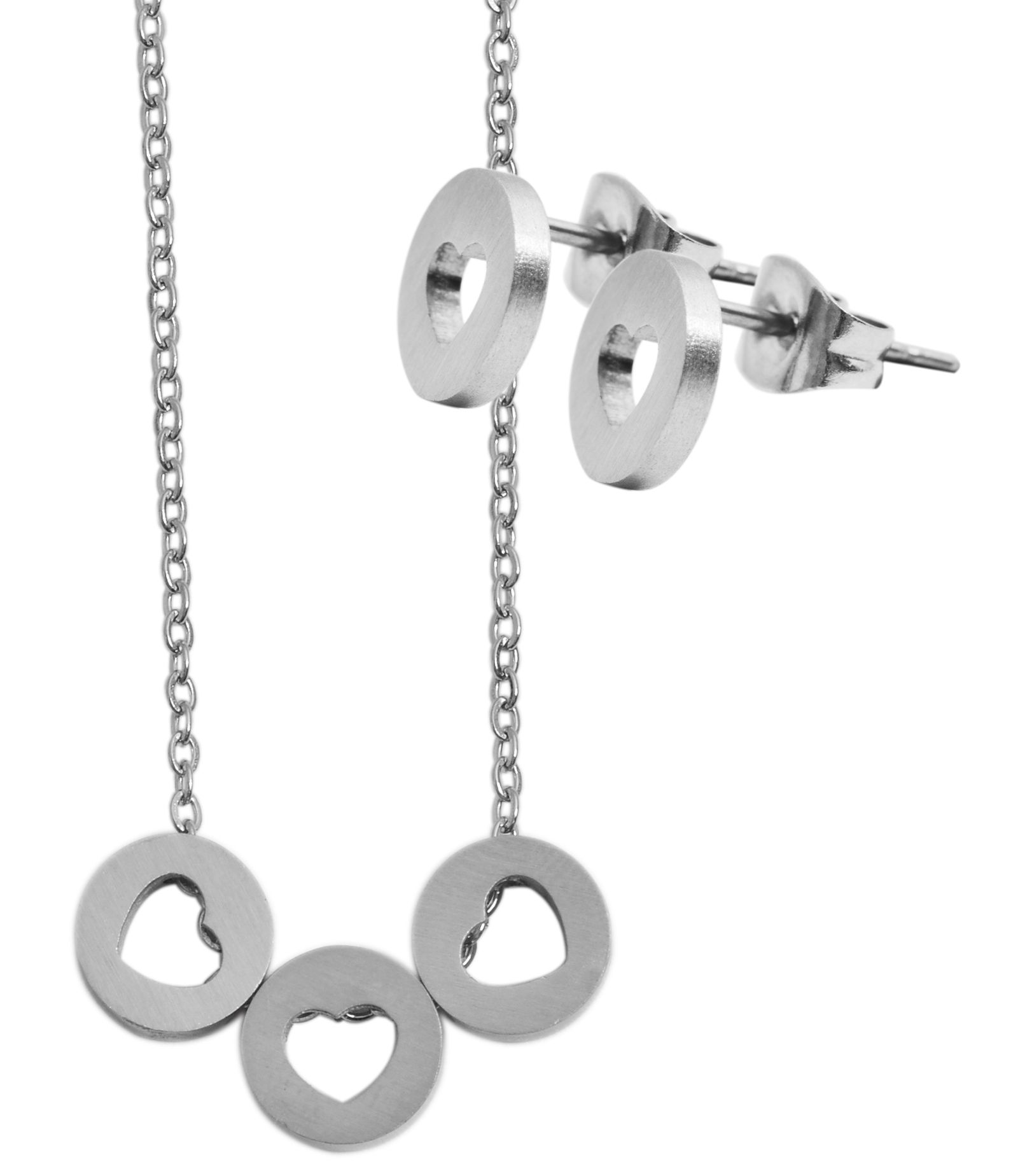 Akzent Edelstahl Schmuckset Kette + Ohrstecker, Kreis/ Herz, matt, silberfarbig