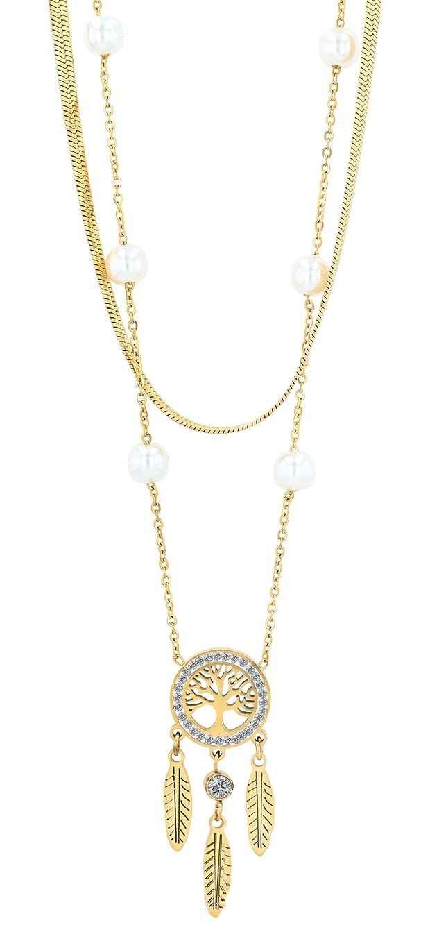 "Freia" Edelstahl Layering Kette, 40 cm und 45 cm + 5 cm  Lebensbaum, und Feder