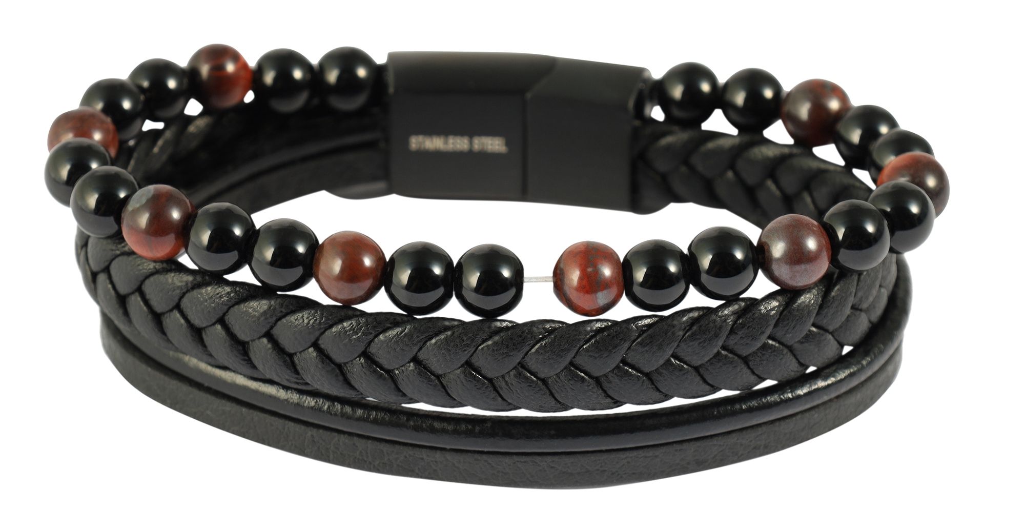 "Namik" 23 cm, Armband aus Lederimitat mit Naturstein (Onyx/ roter Tigerauge), VE-4