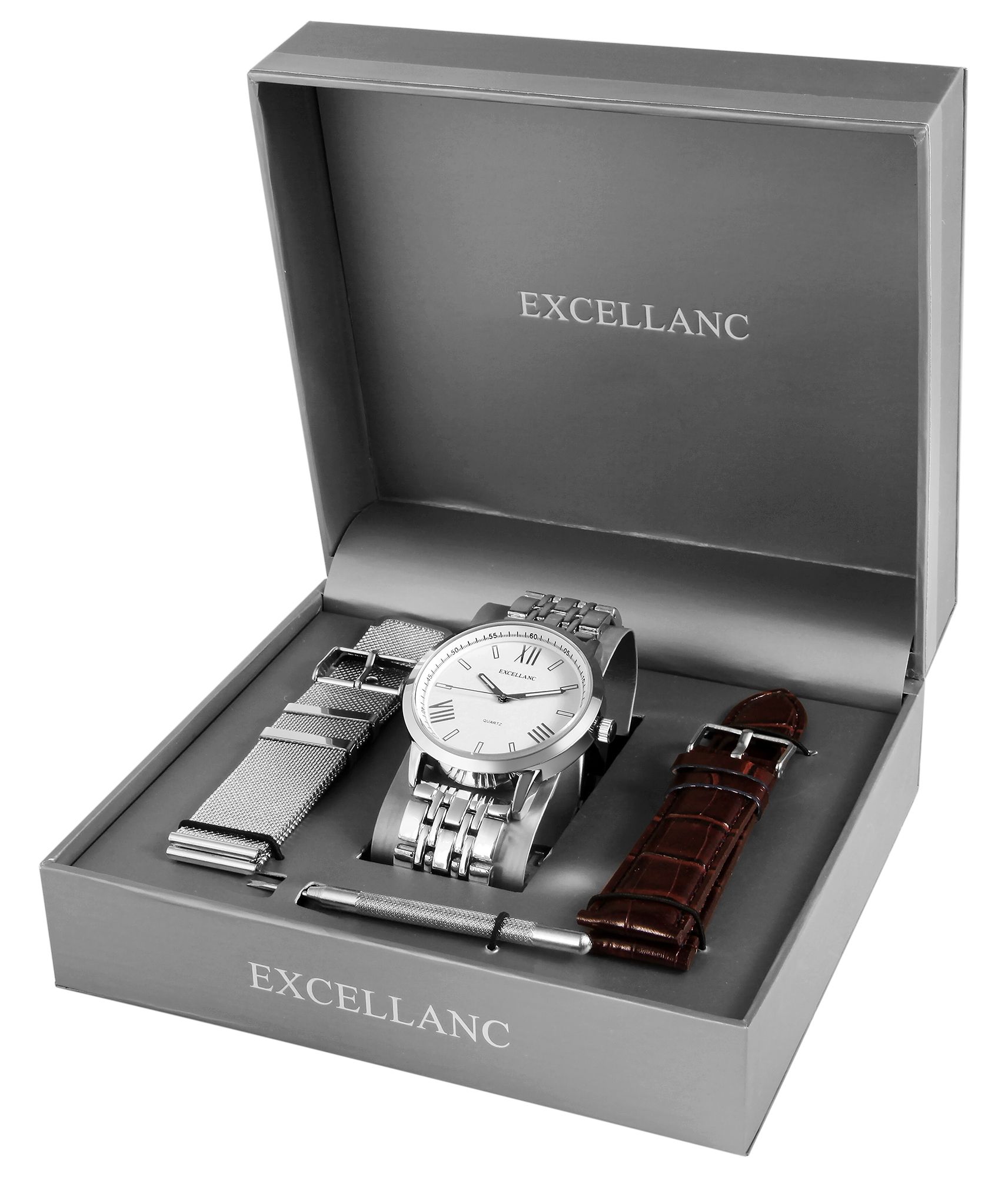 Excellanc Geschenkset mit Herrenuhr und zwei Wechselarmbändern, silberfarben