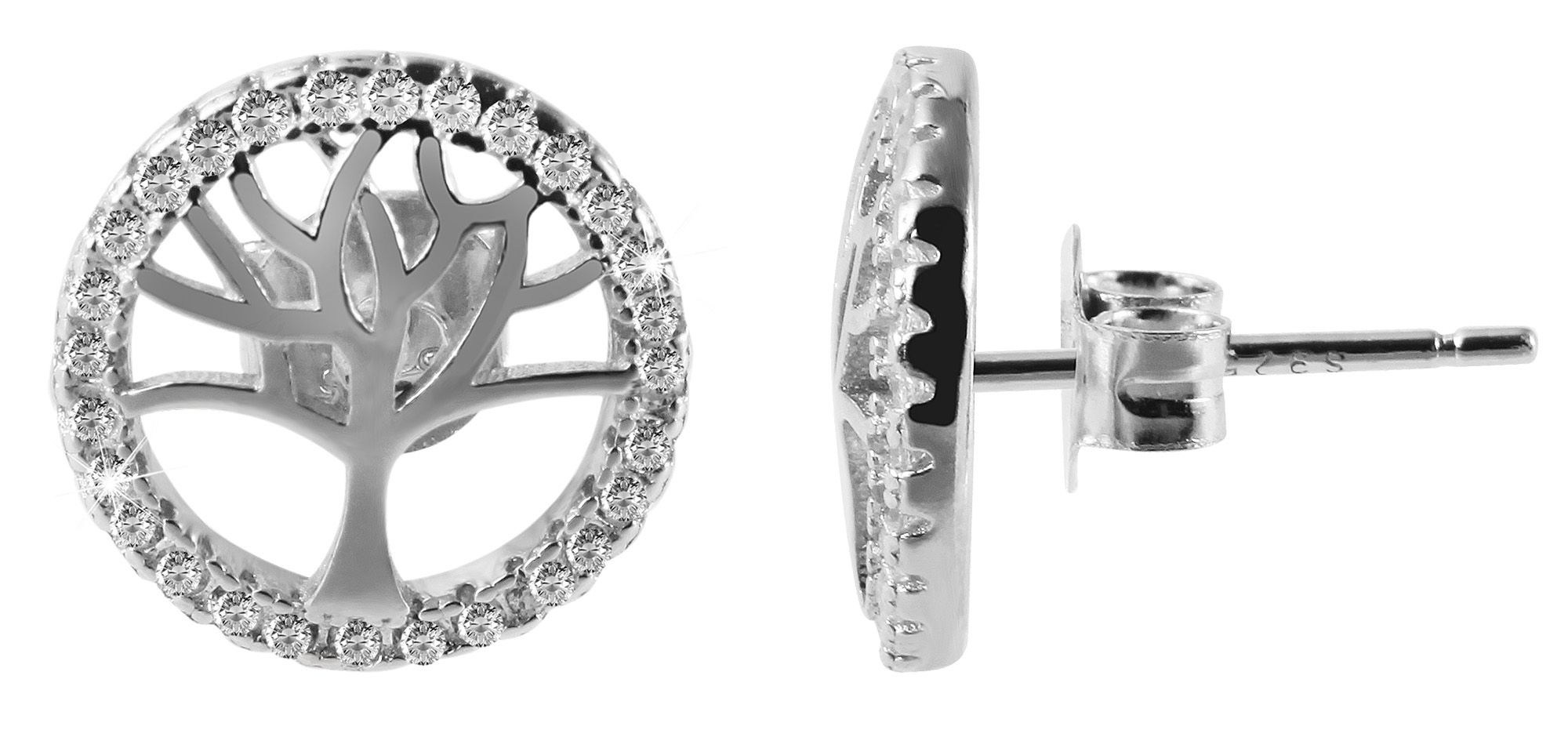 925/- Echt Silber Ohrstecker "Barbara" mit Lebensbaummotiv und Zirkoniabesatz, 925/rhodiniert