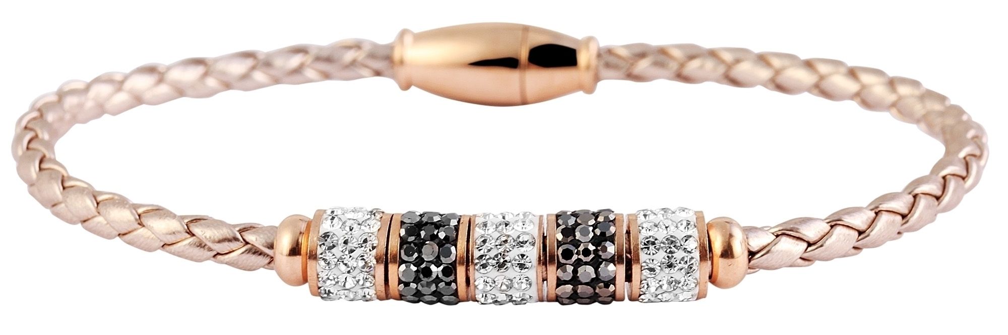 Akzent Armband aus Lederimitat mit Edelstahlelementen und Similibesatz, goldfarben/roségoldfarben