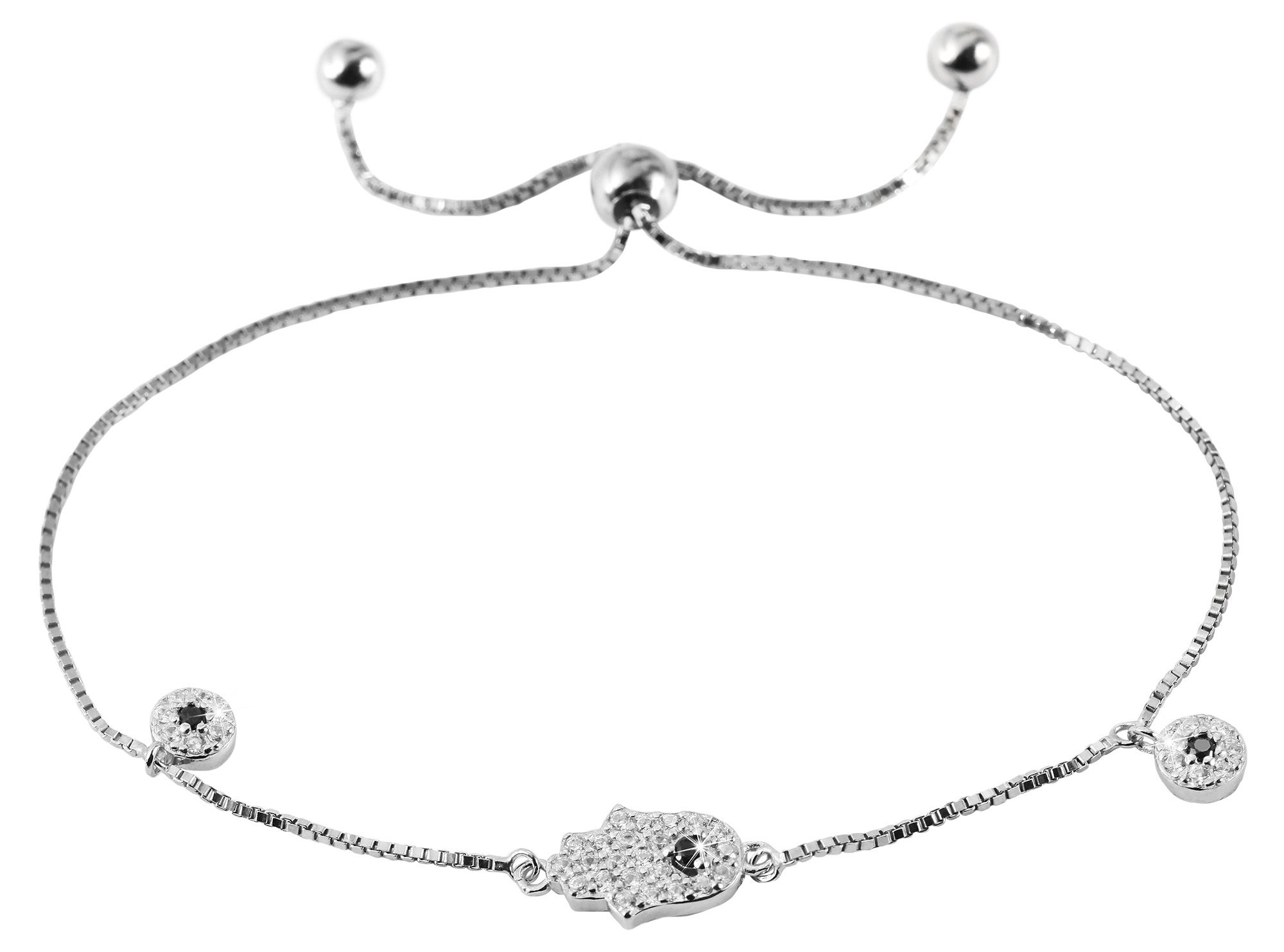 Silber Damen Armband Hand Fatima mit 39 weisen und 3 Schwarzen Zirkonia, rhodiniert