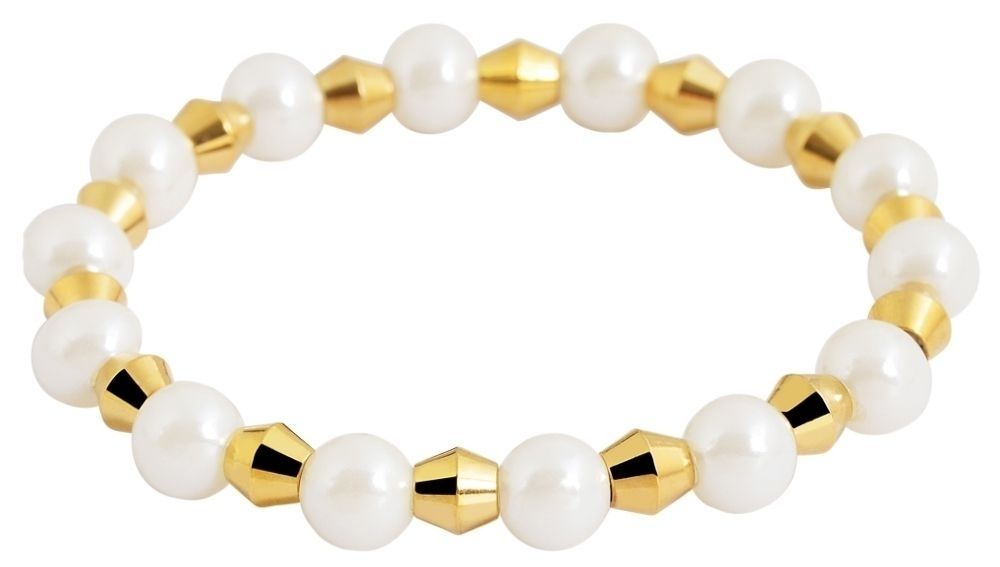 Akzent Armband aus Edelstahl- und Kunststoffkugeln, elastisch, goldfarben/weiß